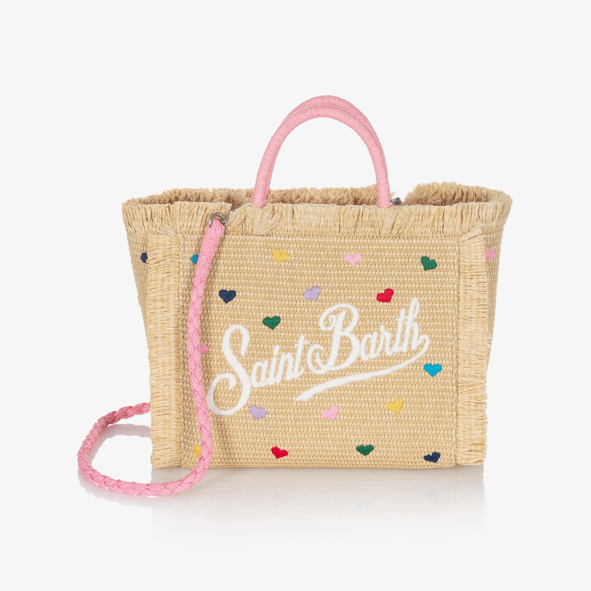 Girls Beige Heart Embroidery Straw Bag (30cm) - View 1
