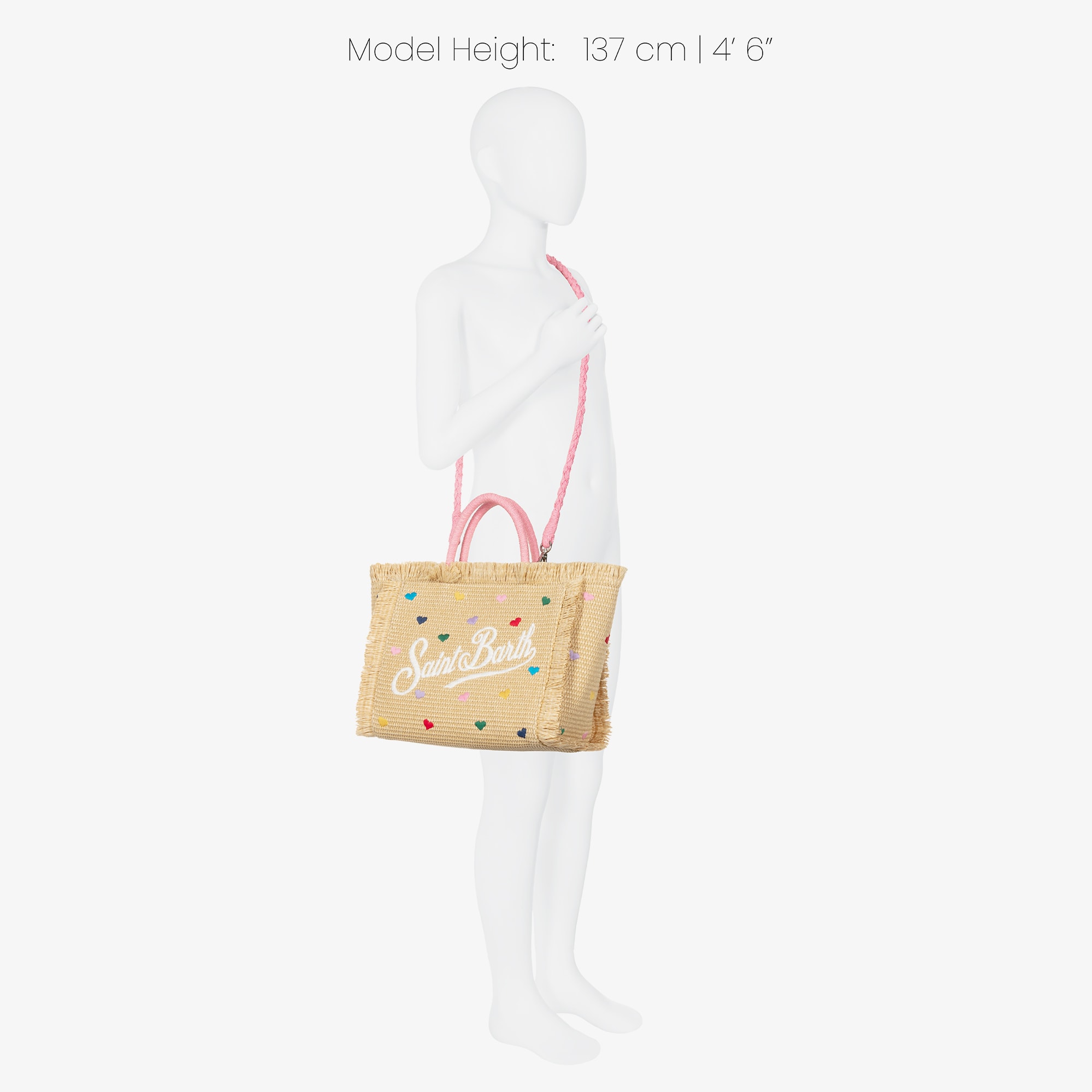 Girls Beige Heart Embroidery Straw Bag (30cm) - View 2