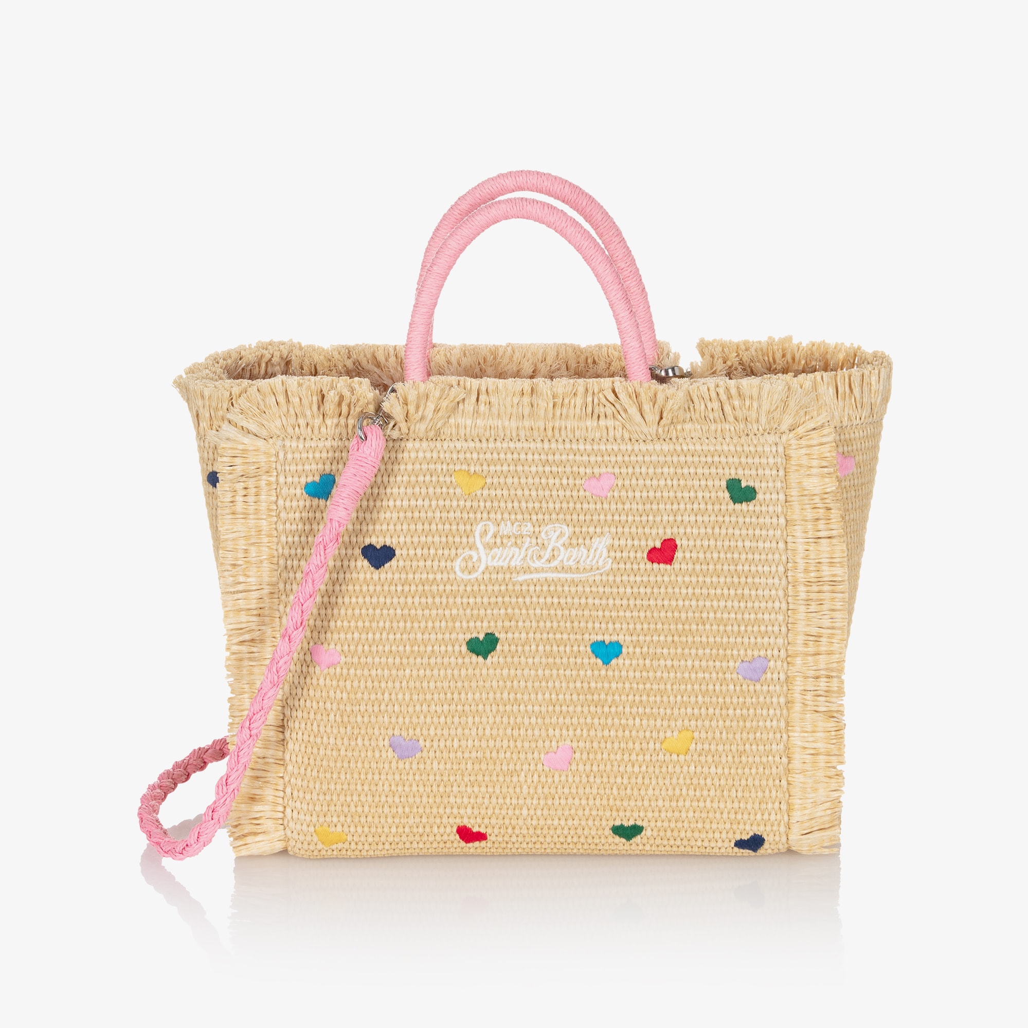 Girls Beige Heart Embroidery Straw Bag (30cm) - View 4