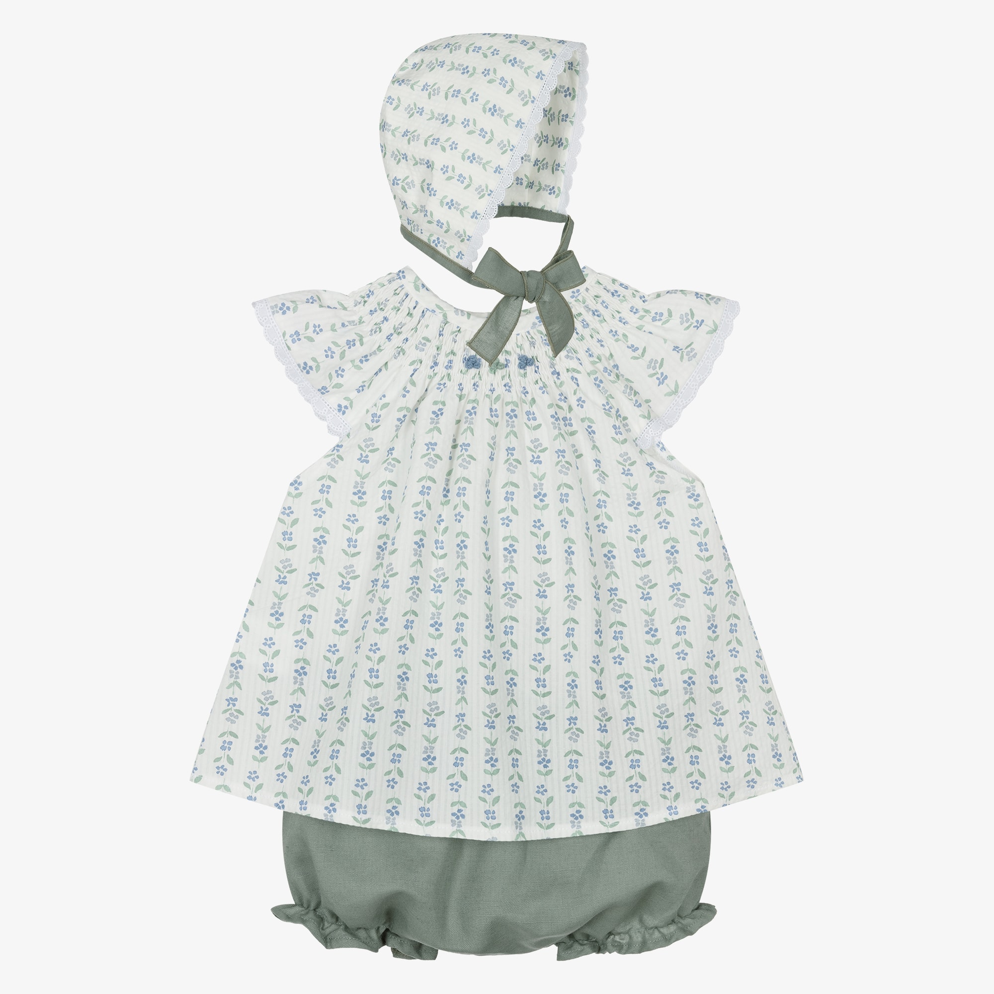 Girls Ivory Cotton Dress Set with Green & Blue Floral Print - View 1