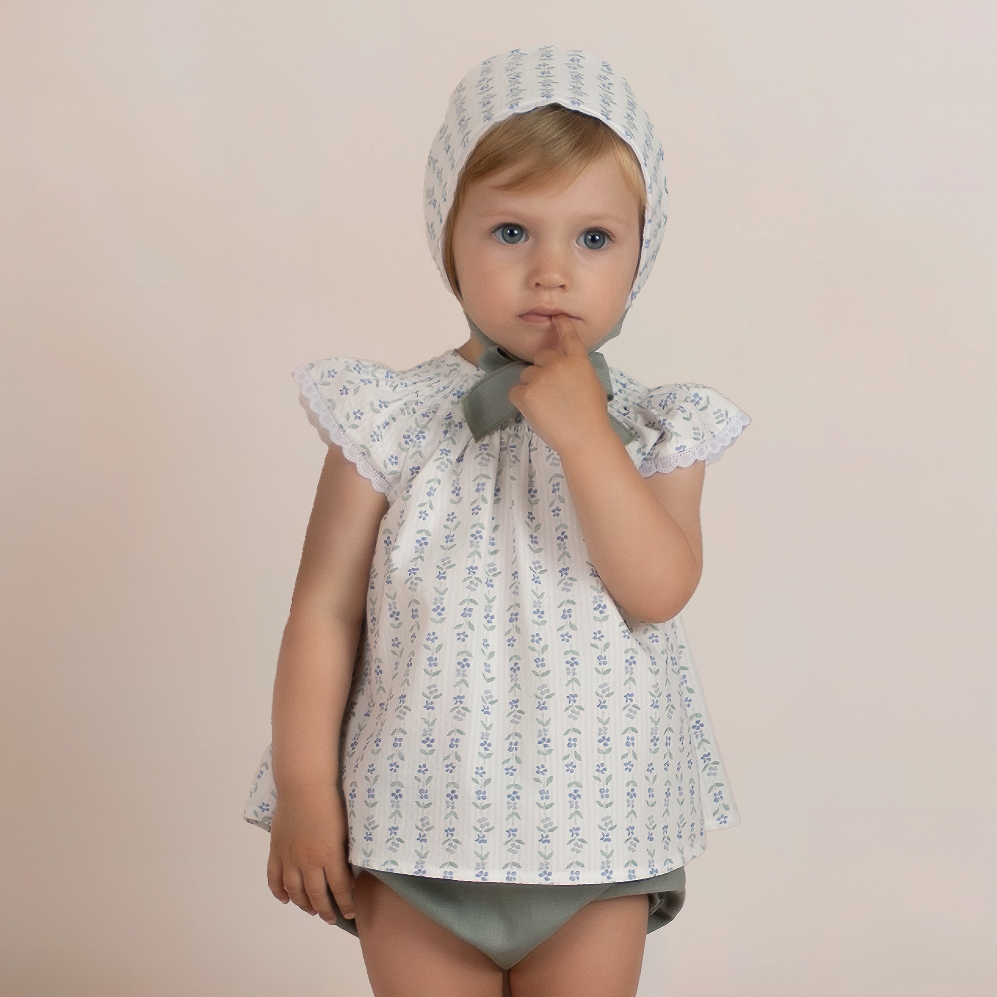 Girls Ivory Cotton Dress Set with Green & Blue Floral Print - View 2