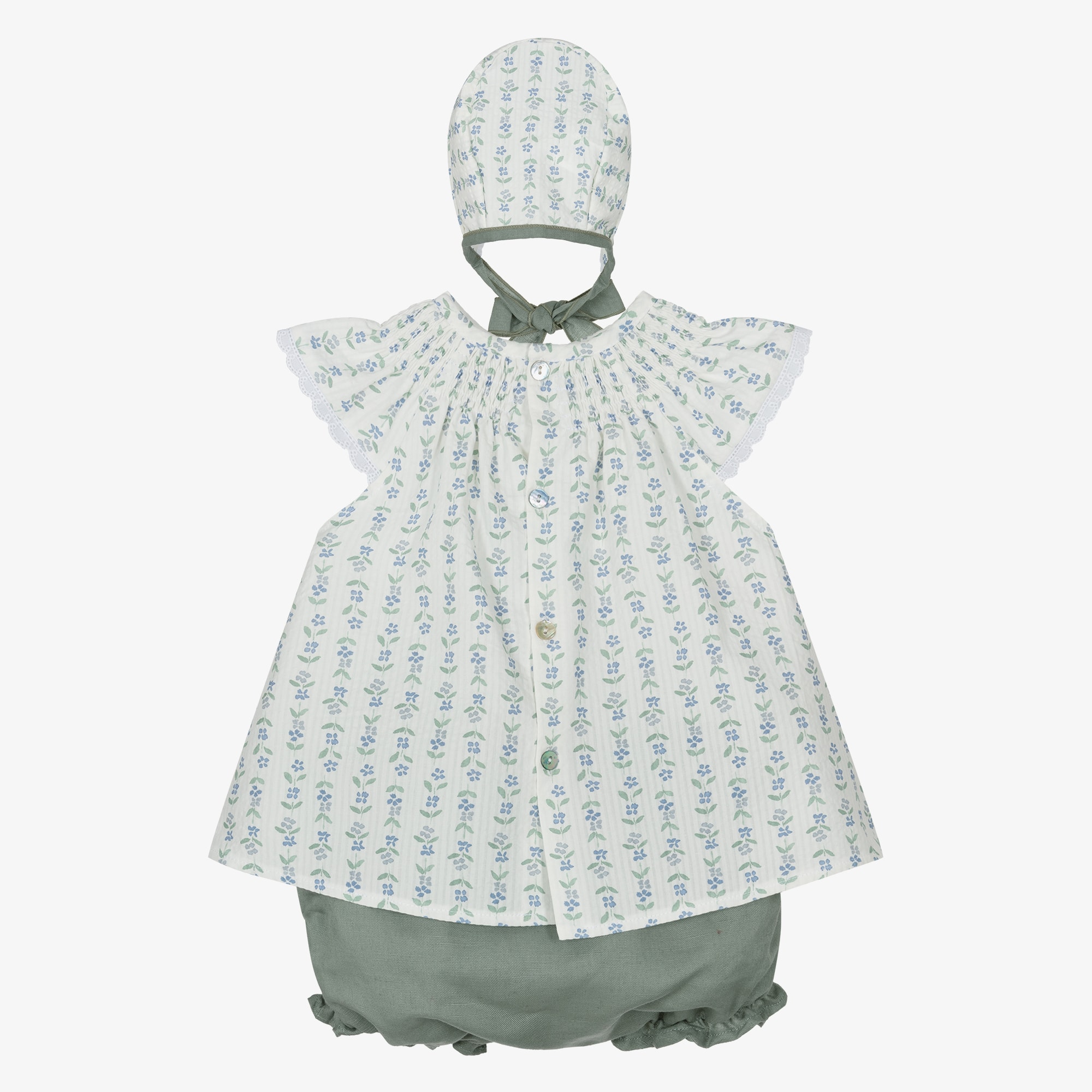 Girls Ivory Cotton Dress Set with Green & Blue Floral Print - View 3
