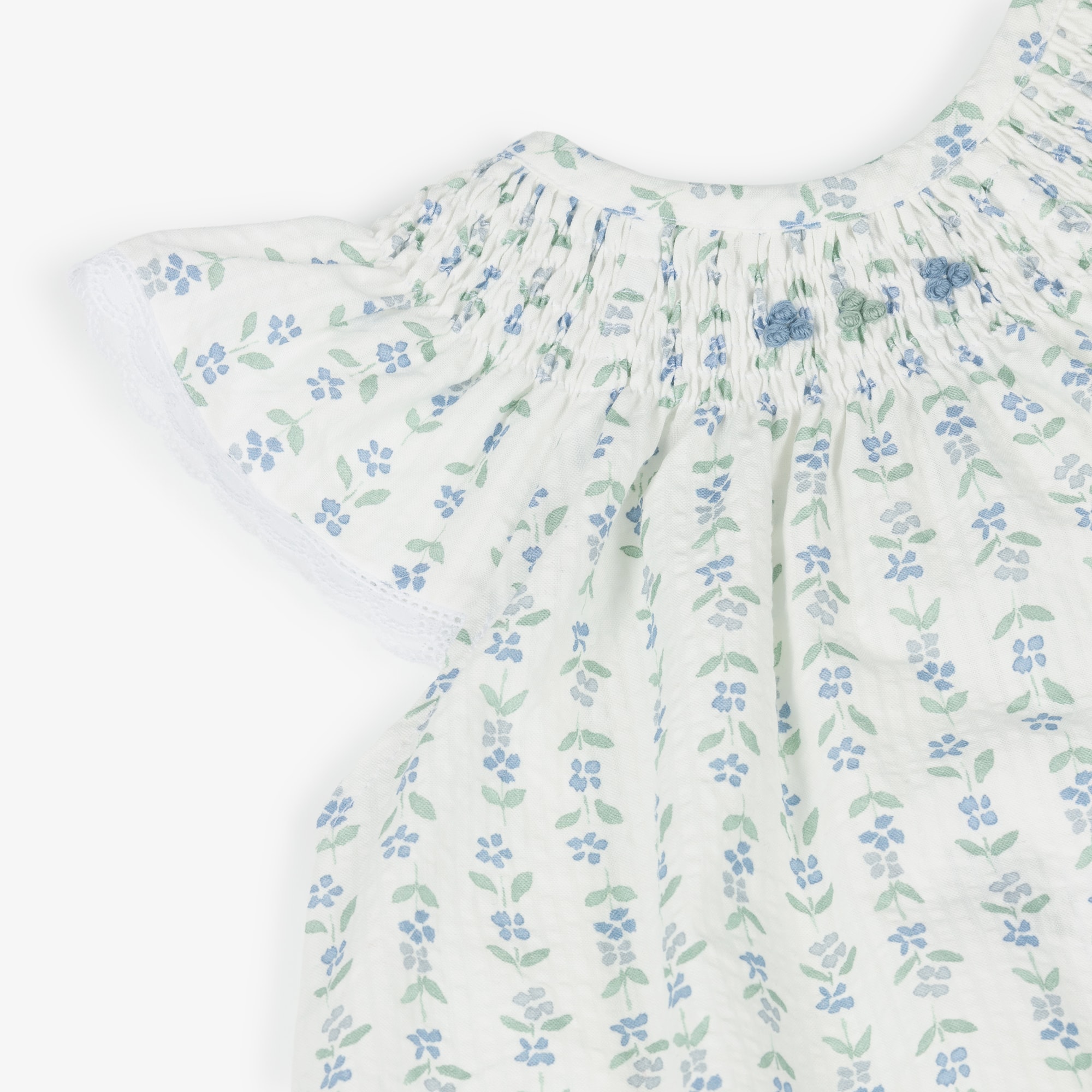 Girls Ivory Cotton Dress Set with Green & Blue Floral Print - View 5