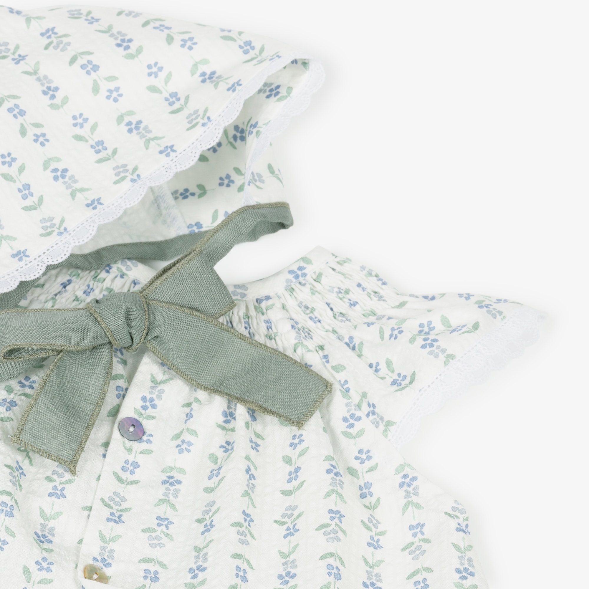 Girls Ivory Cotton Dress Set with Green & Blue Floral Print - View 6