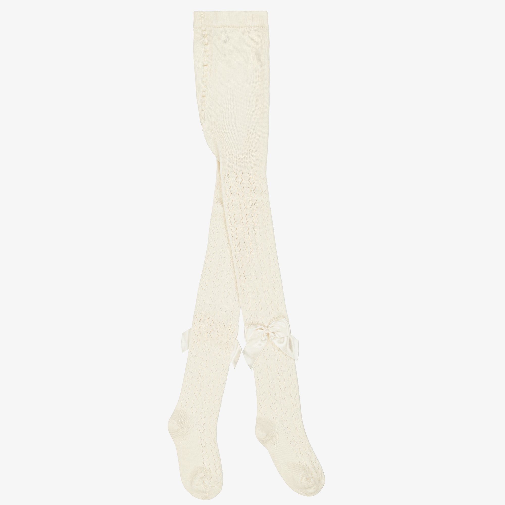 Girls Lacey Ivory Cotton Tights with Satin Bows - View 1