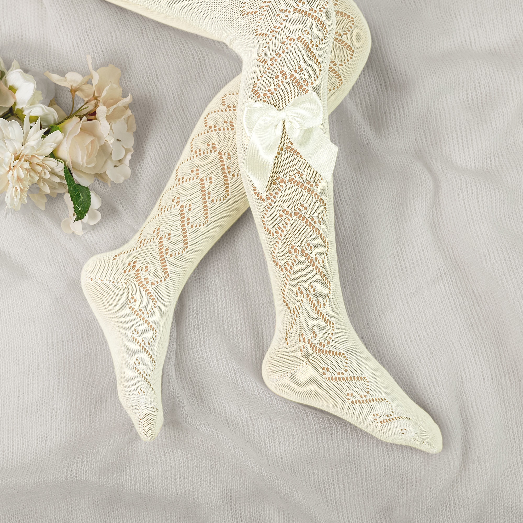 Girls Lacey Ivory Cotton Tights with Satin Bows - View 2