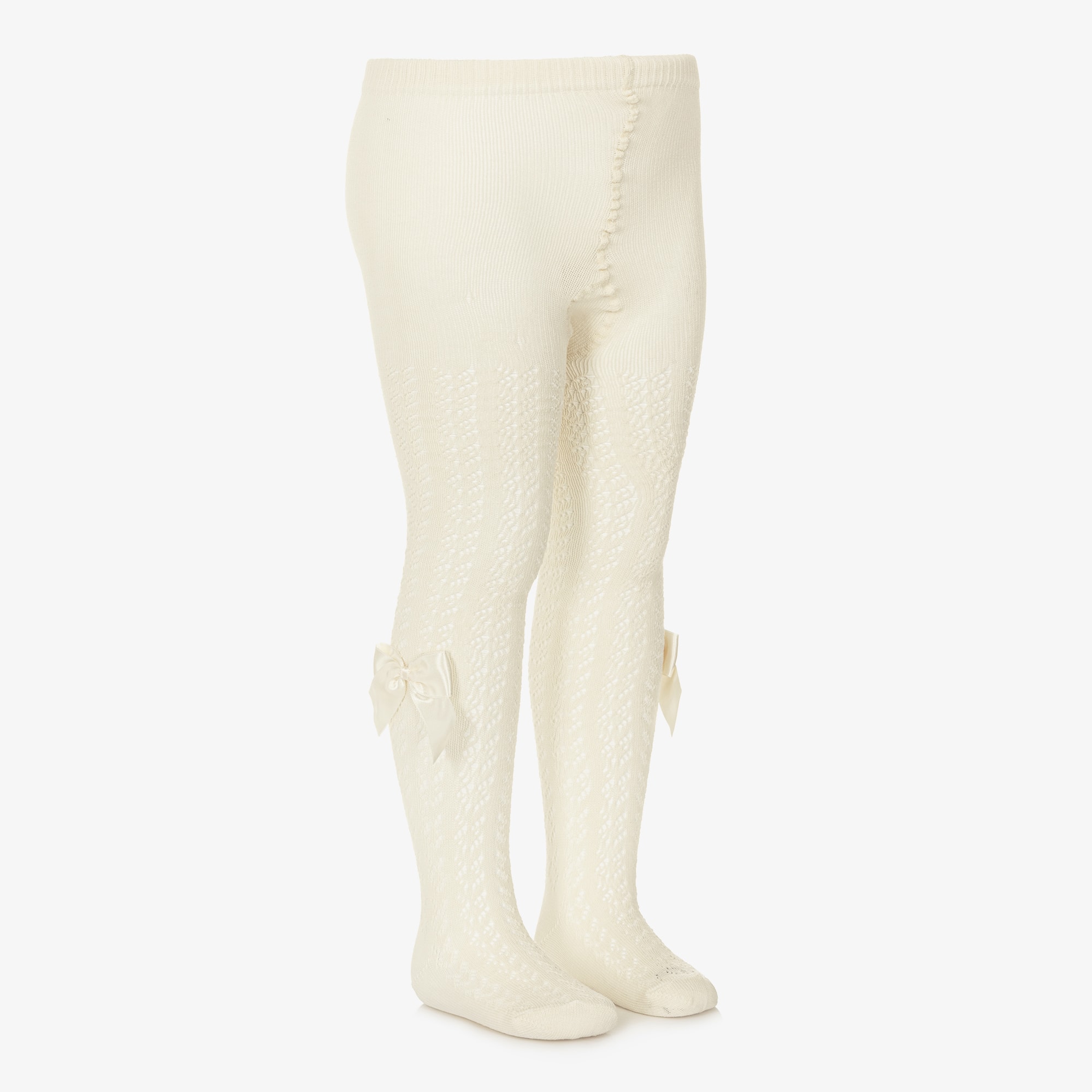 Girls Lacey Ivory Cotton Tights with Satin Bows - View 3