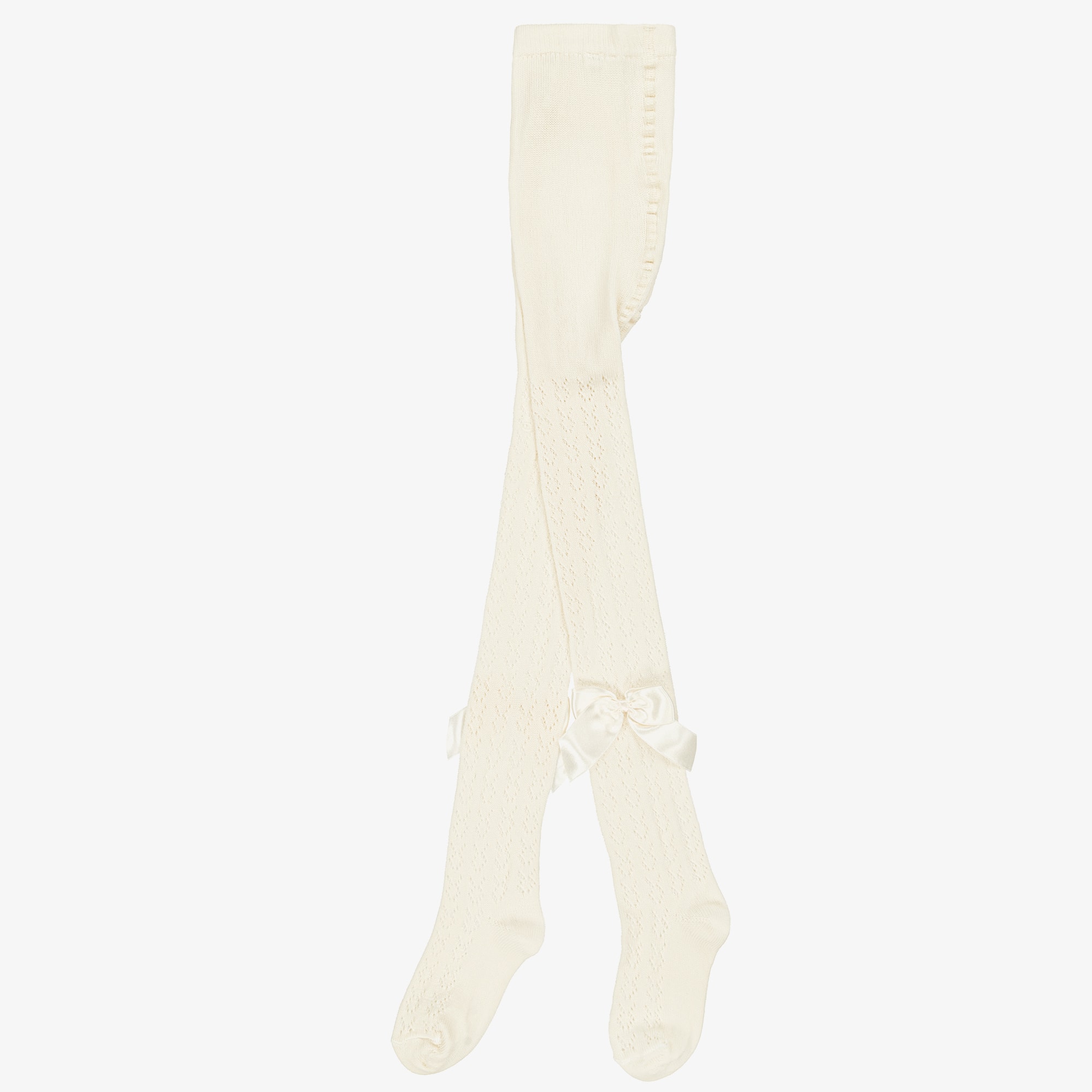 Girls Lacey Ivory Cotton Tights with Satin Bows - View 4