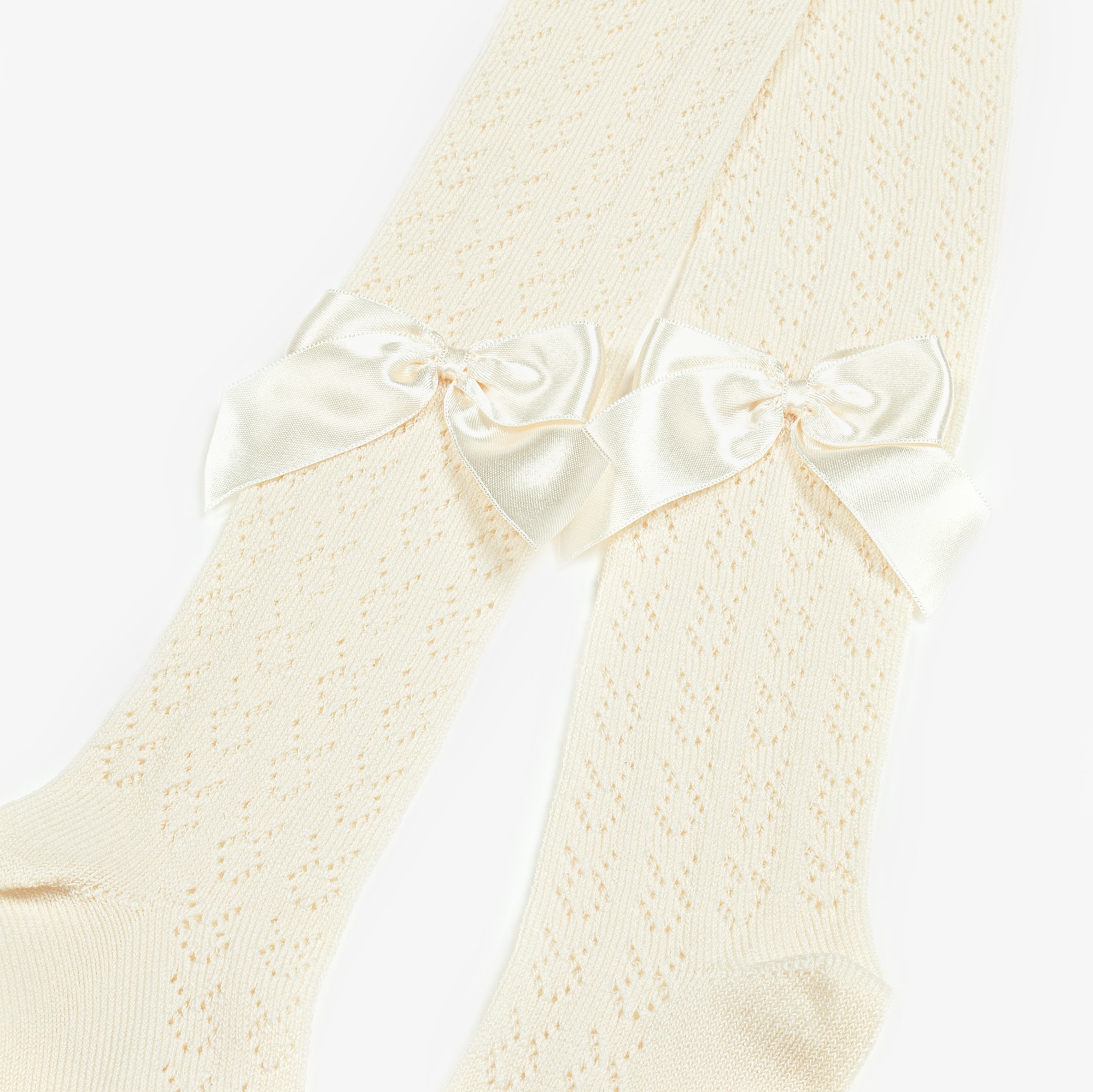 Girls Lacey Ivory Cotton Tights with Satin Bows - View 5