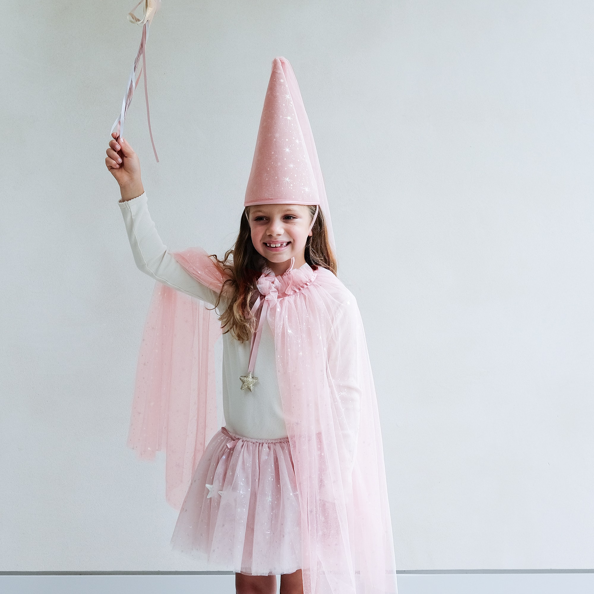 Girls Pale Pink & Shimmering Stars Tulle Cape - View 2