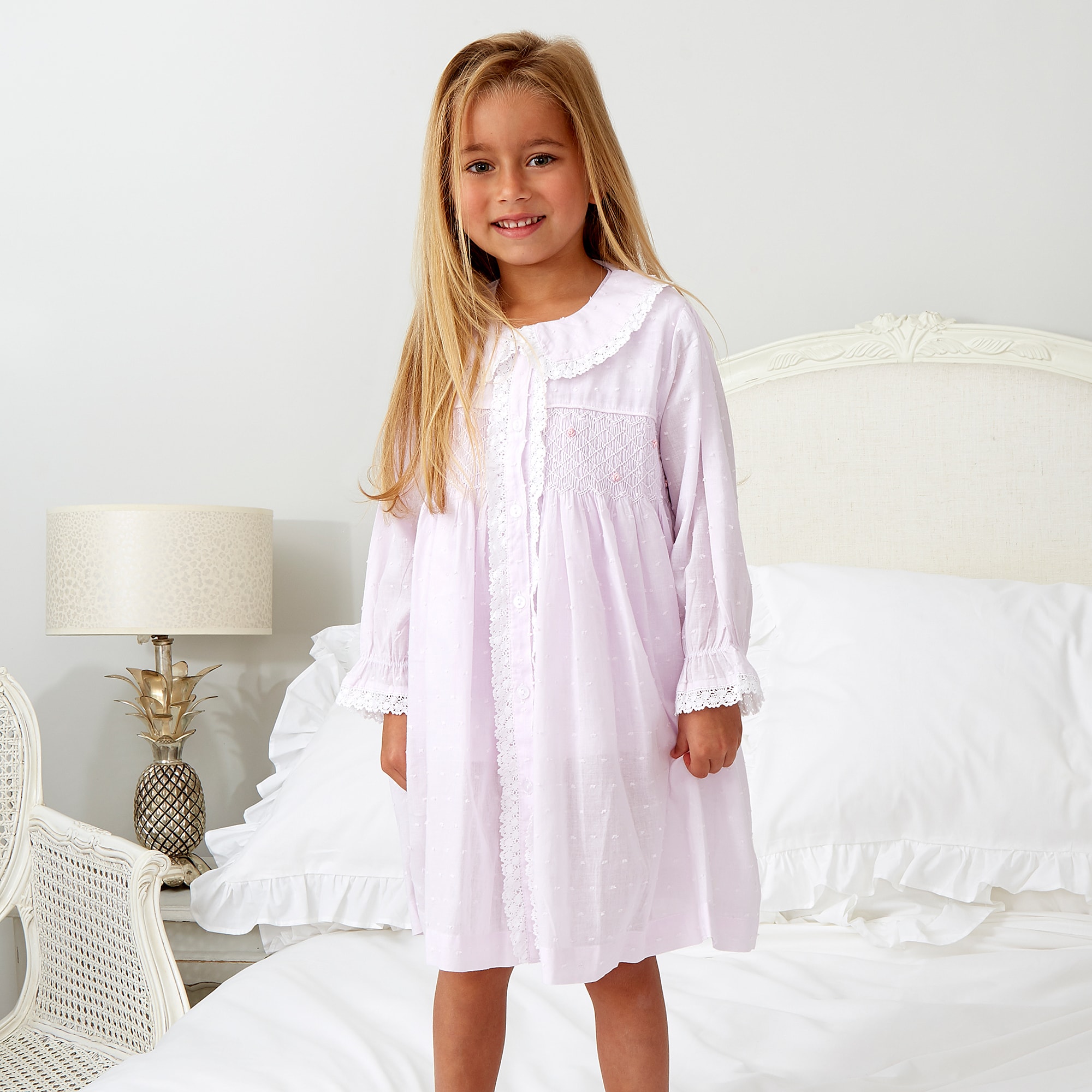 Girls Ivory Cotton Smocked Dressing Gown - View 2