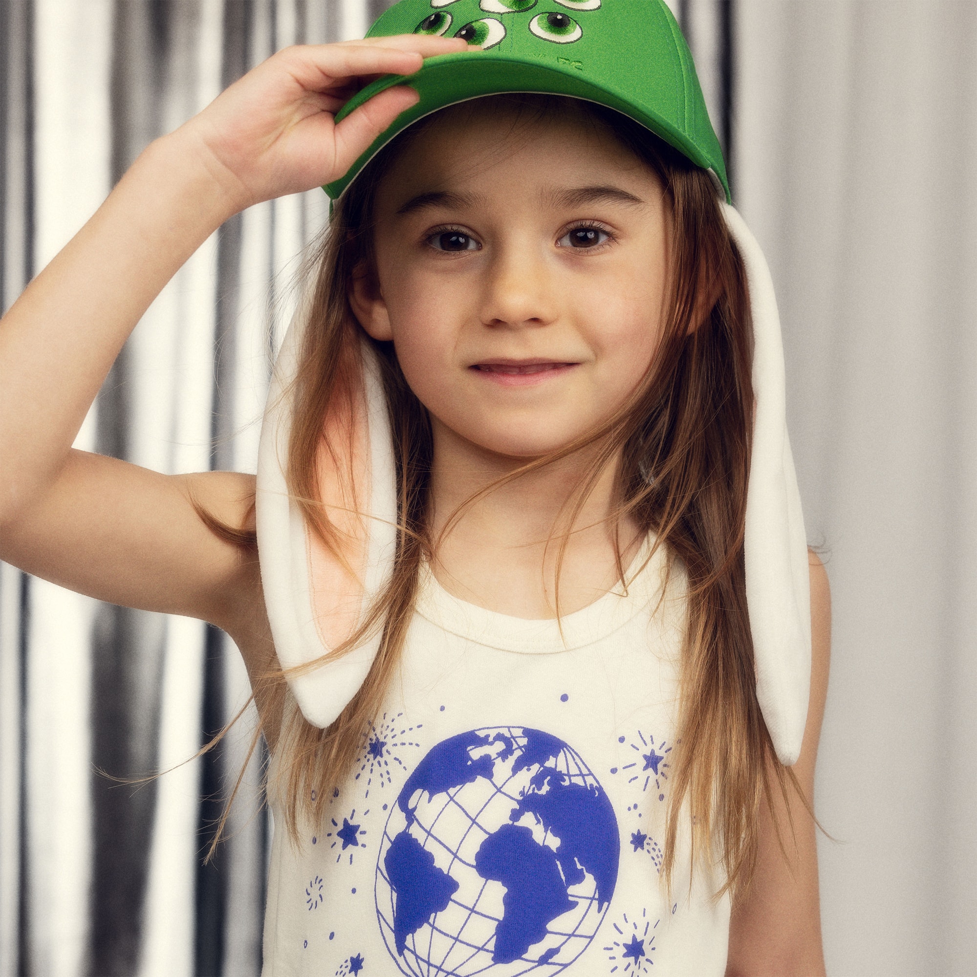 Girls Green Alien Bunny Baseball Cap with Long Ears - View 2