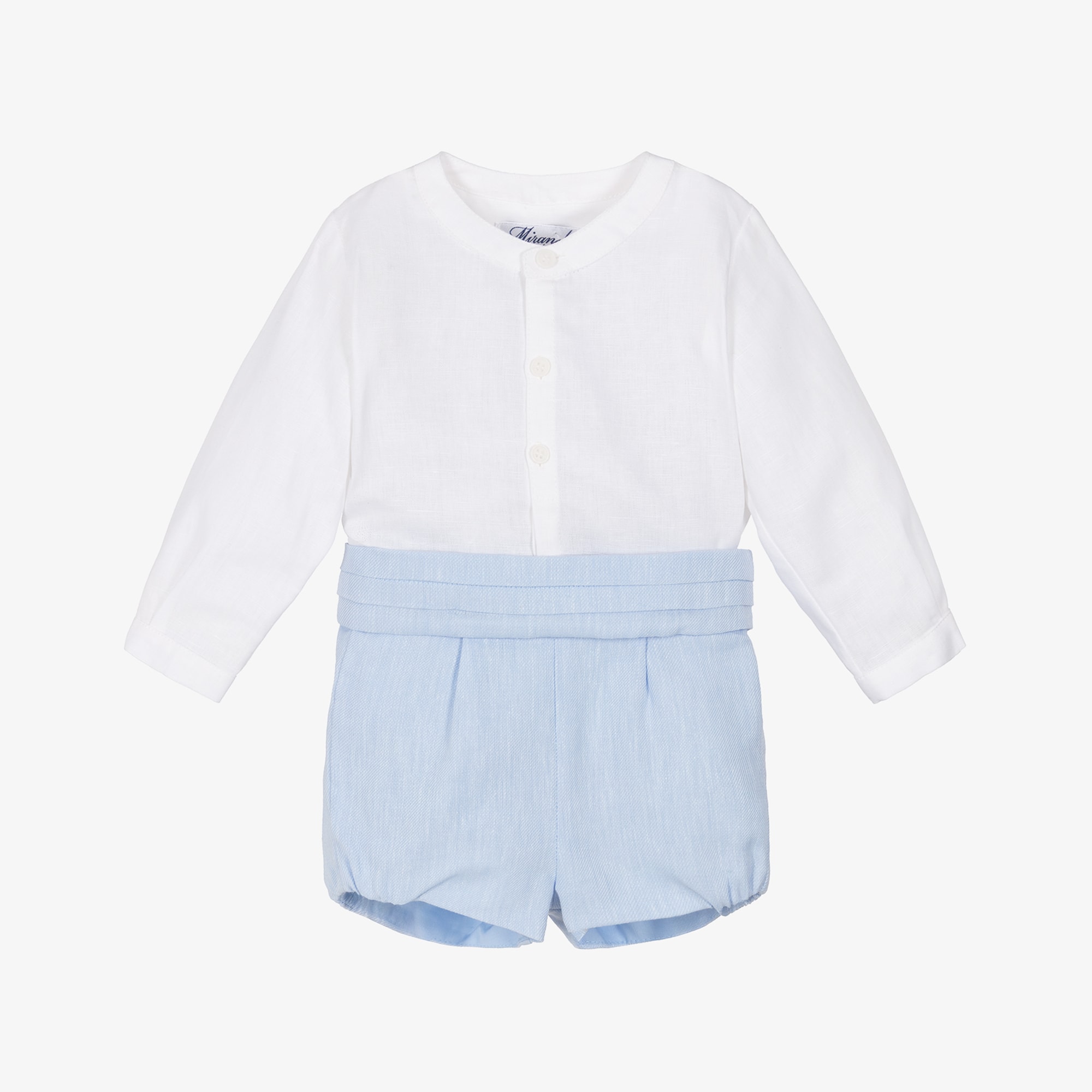 Boys Pale Blue Cotton & Linen Shorts Set - View 1