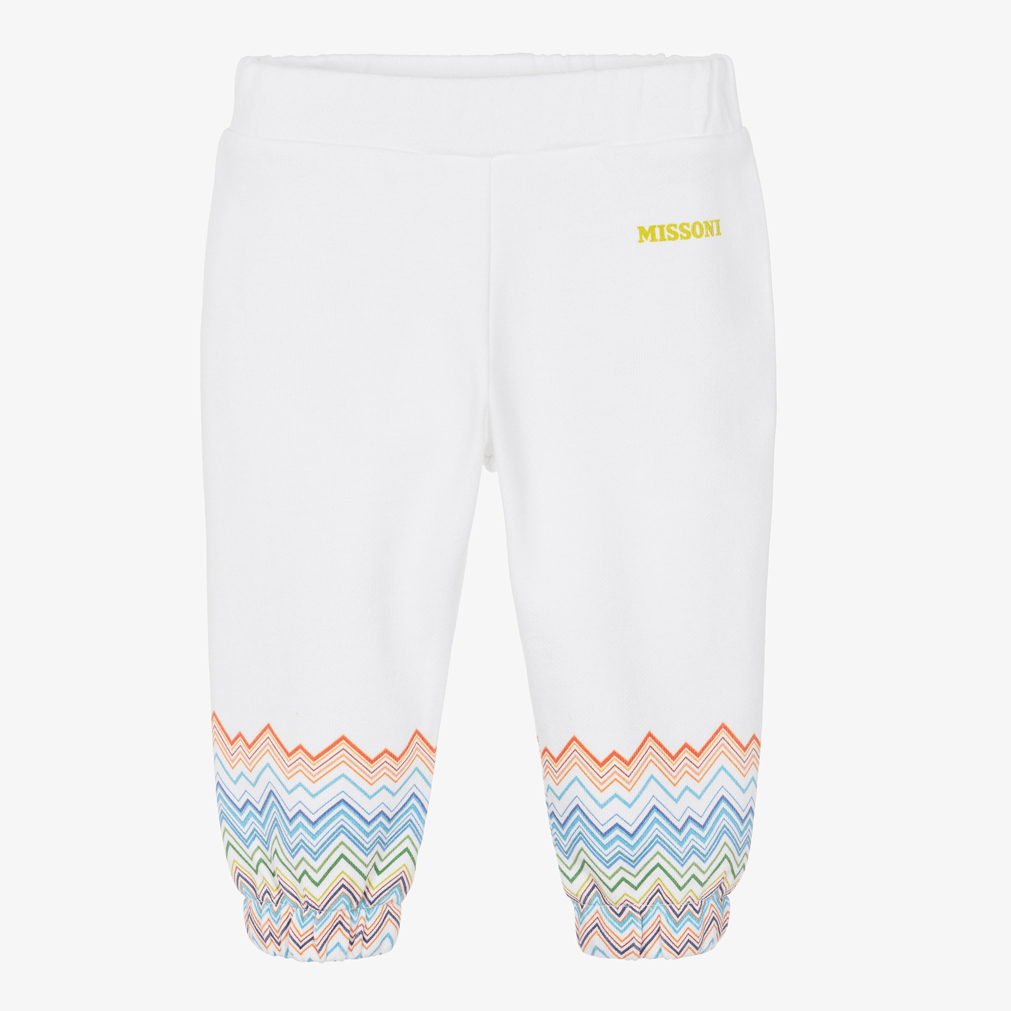 Boys White Cotton Joggers with Colourful Zigzag Pattern - View 1