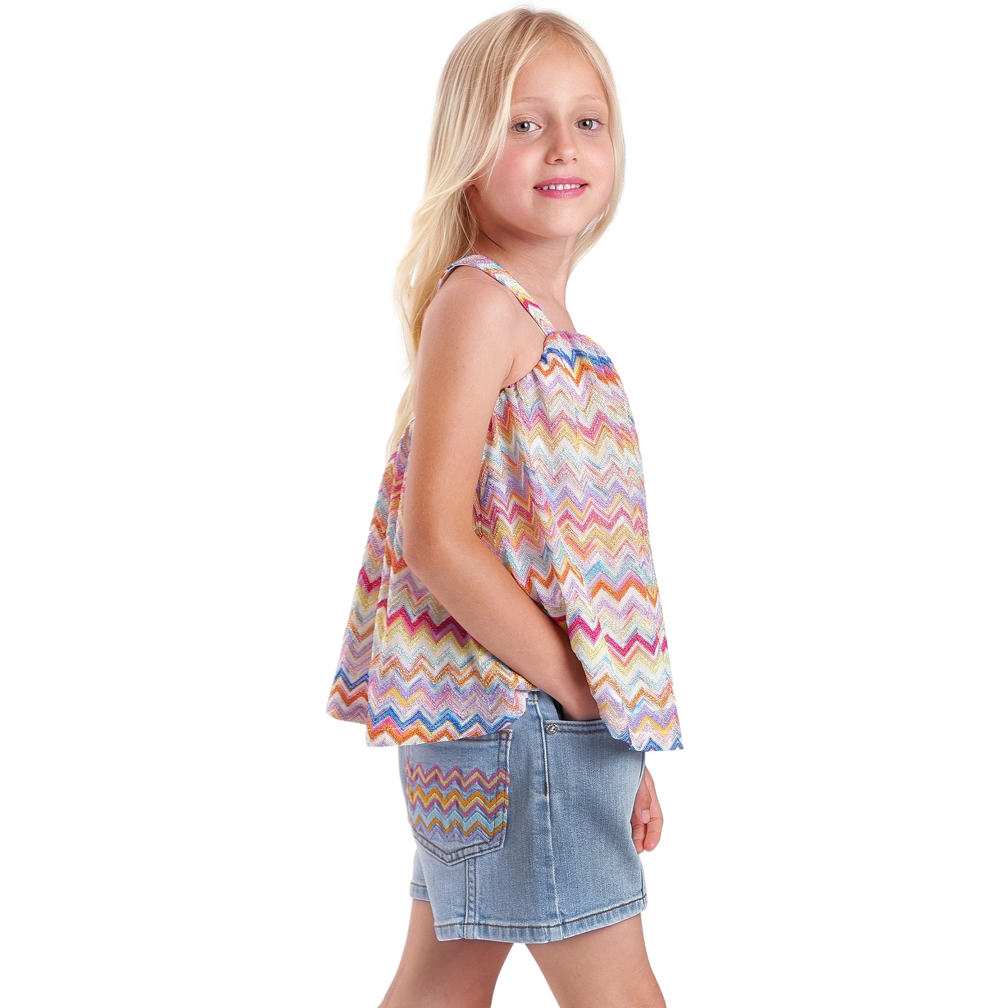 Girls Light Blue Denim Shorts with Zigzag Trimmed Pocket - View 2