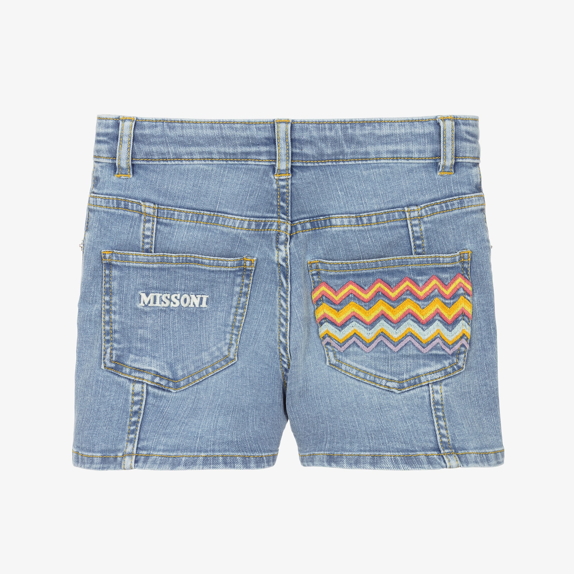 Girls Light Blue Denim Shorts with Zigzag Trimmed Pocket - View 3