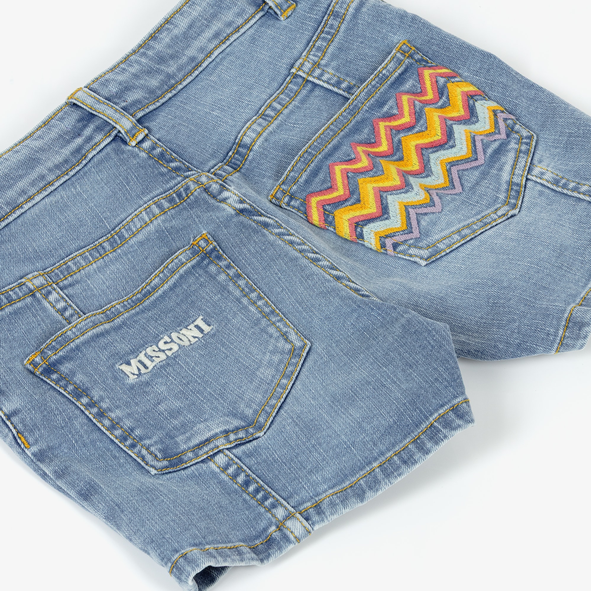 Girls Light Blue Denim Shorts with Zigzag Trimmed Pocket - View 5