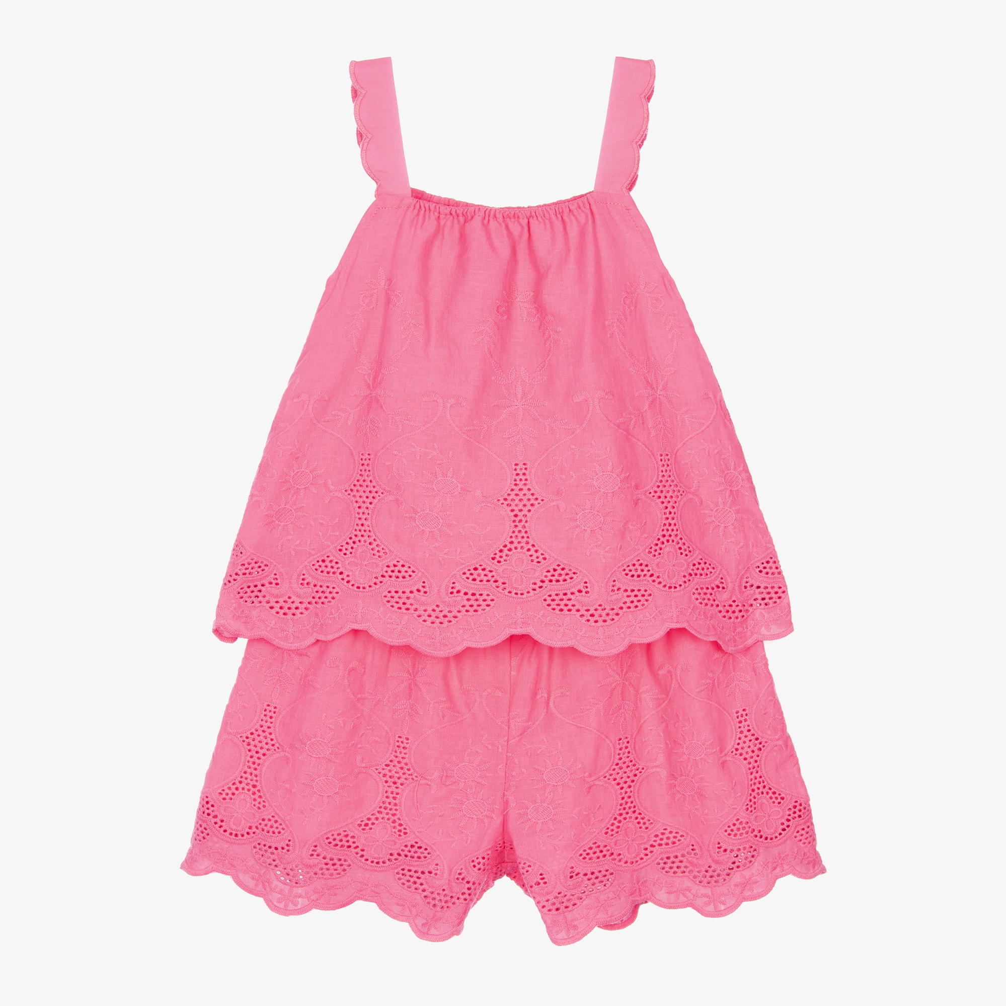 Girls Pink Embroidered Cotton Sleeveless Top & Shorts Set - View 1