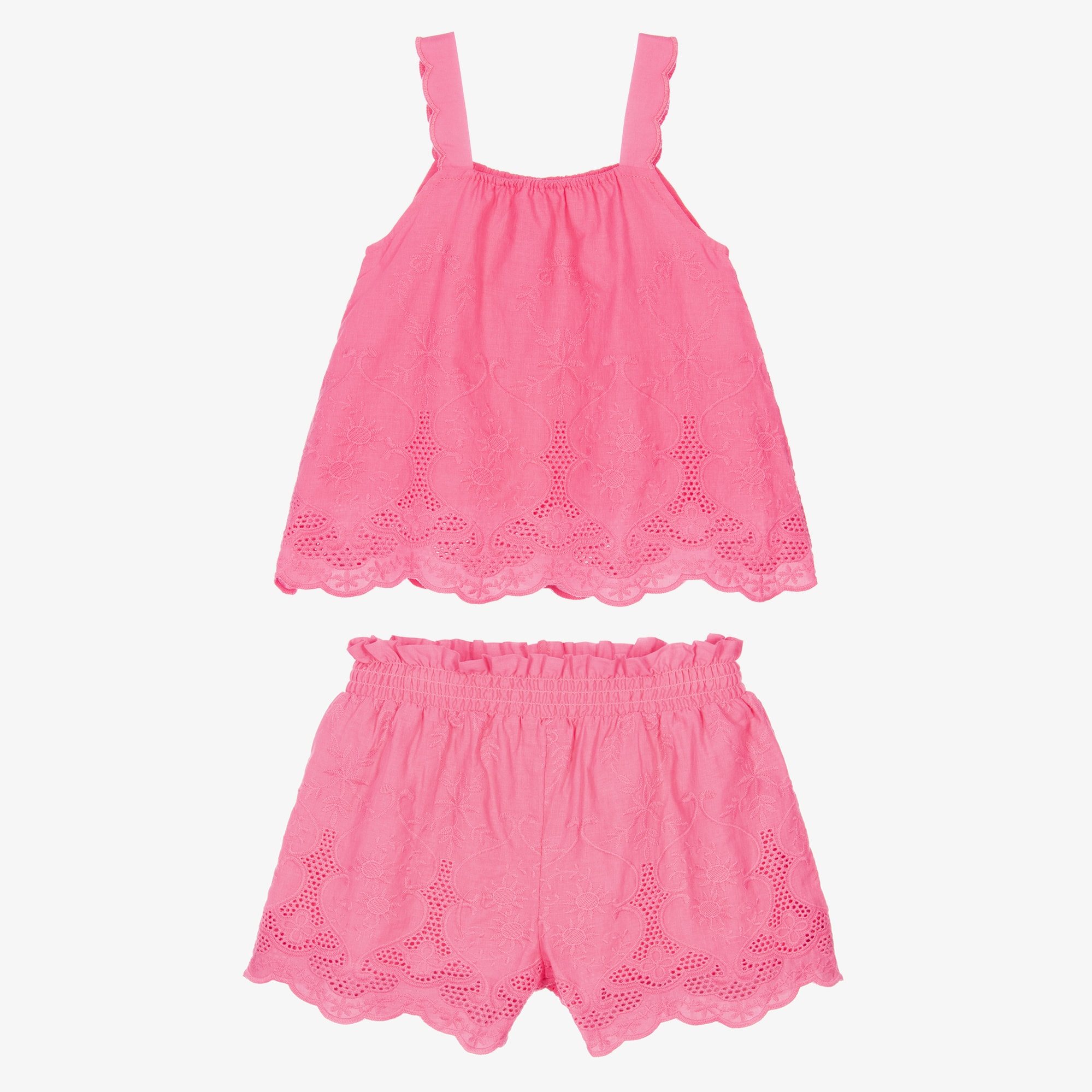 Girls Pink Embroidered Cotton Sleeveless Top & Shorts Set - View 2