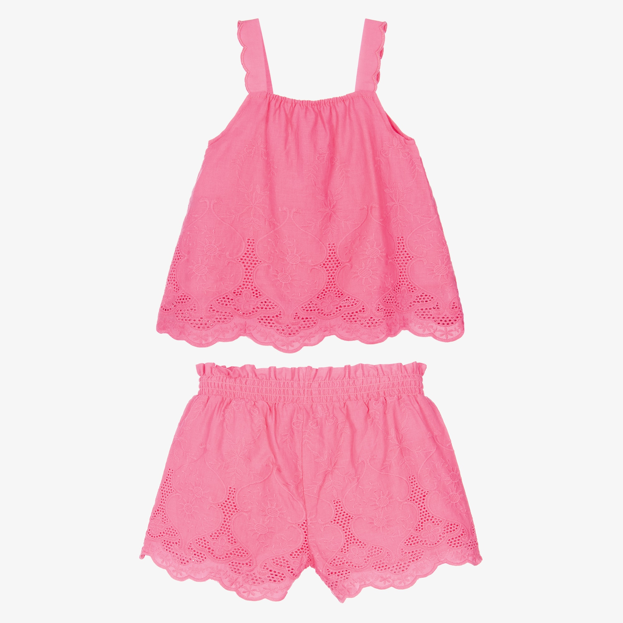 Girls Pink Embroidered Cotton Sleeveless Top & Shorts Set - View 3