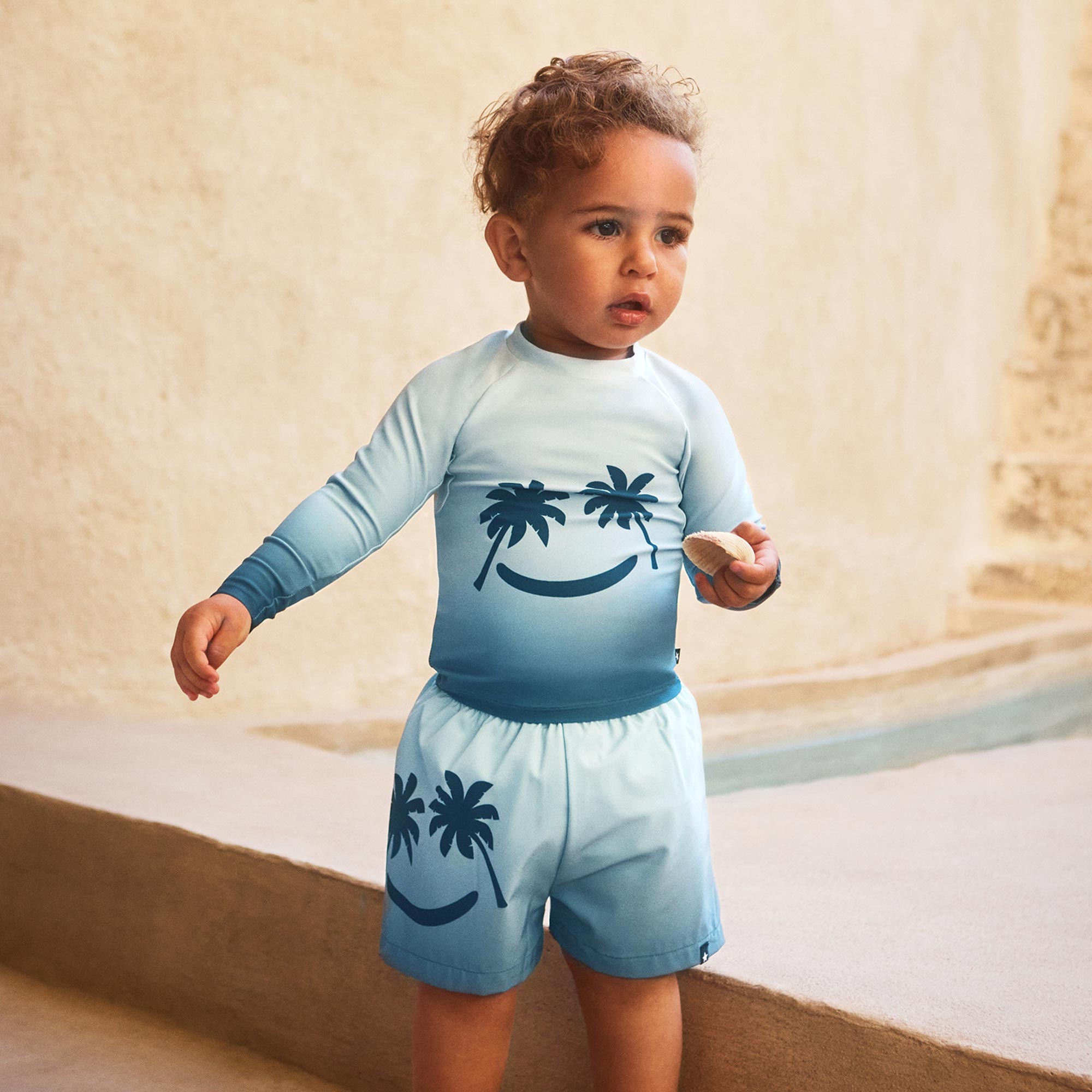 Baby Boys Blue Smiling Palm Tree Swim Shorts (UPF50+) - View 2