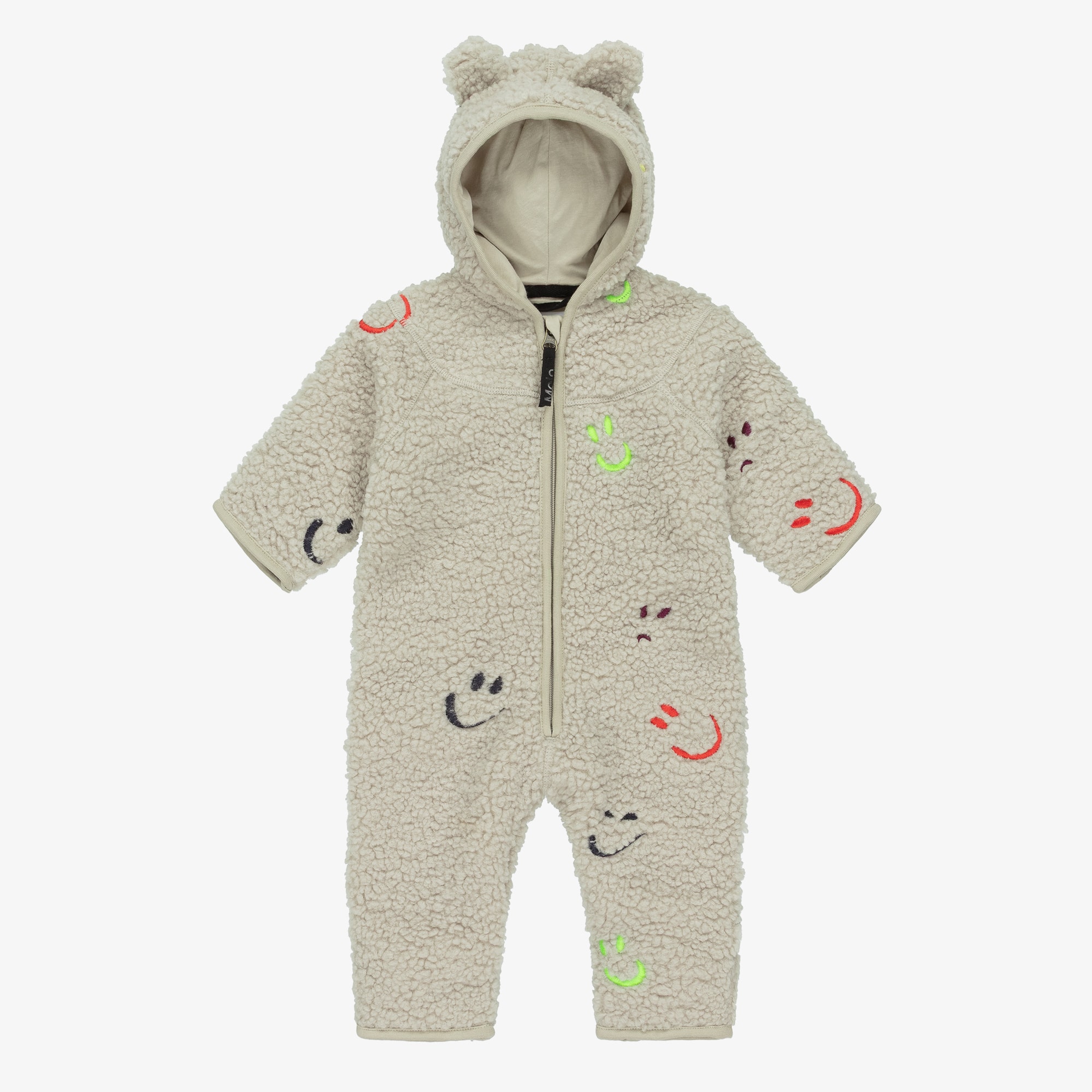Beige Sherpa Fleece Pramsuit with Smiling Faces - View 1