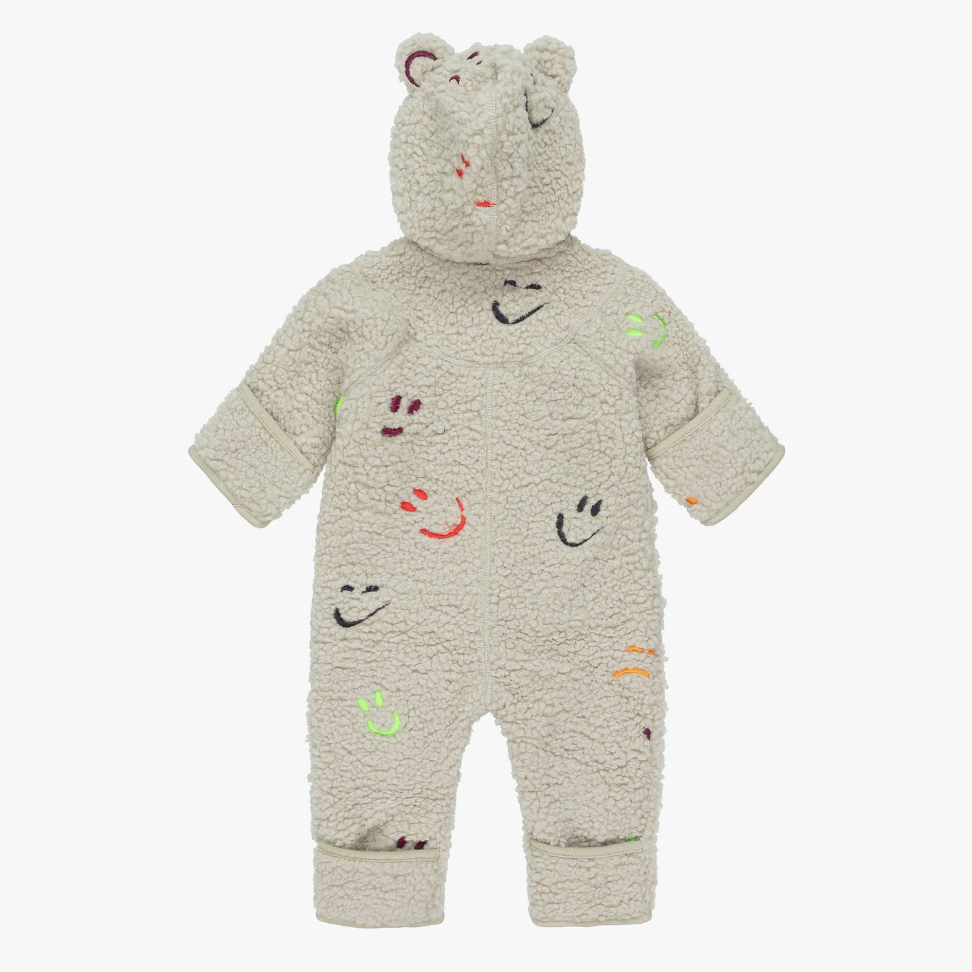 Beige Sherpa Fleece Pramsuit with Smiling Faces - View 2