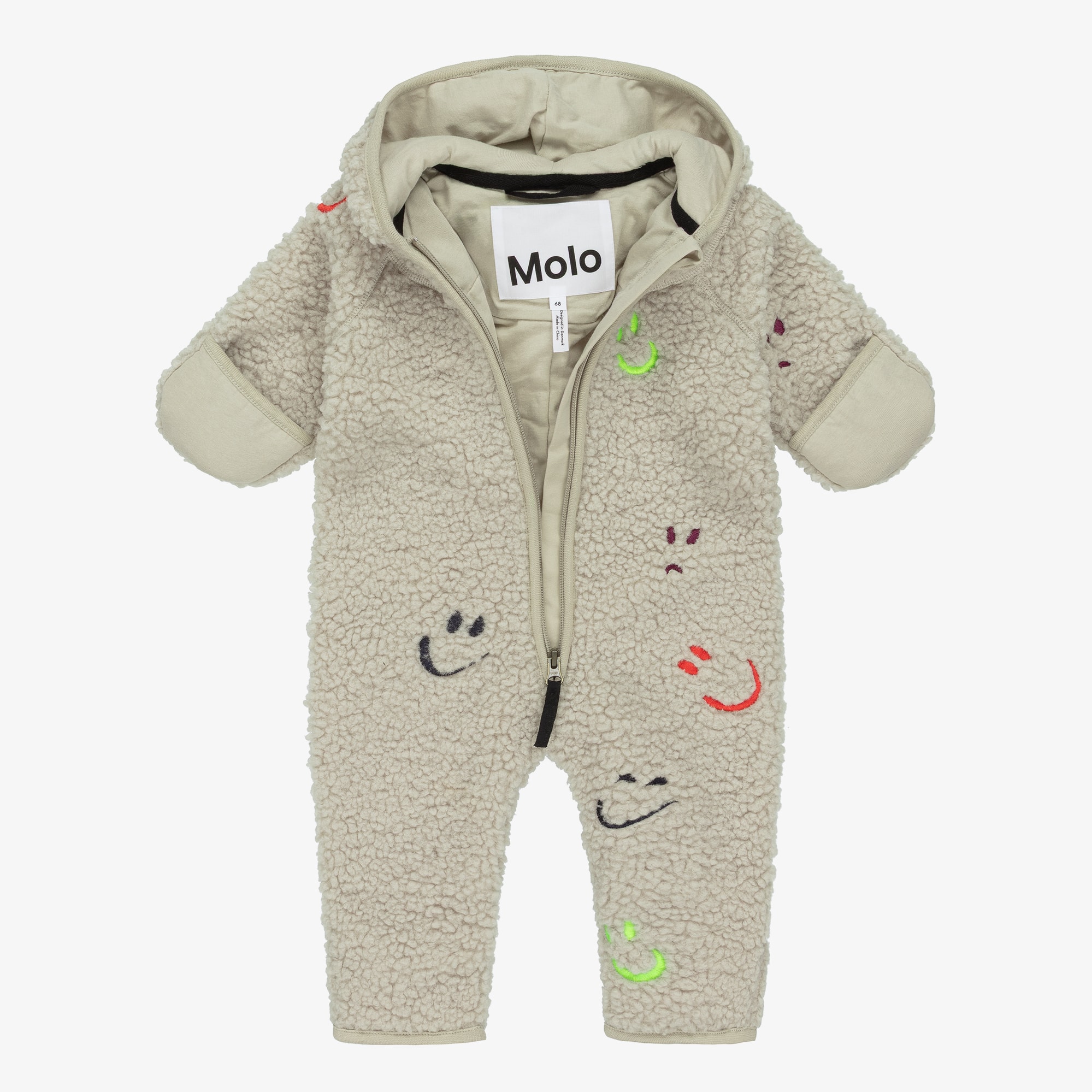 Beige Sherpa Fleece Pramsuit with Smiling Faces - View 3