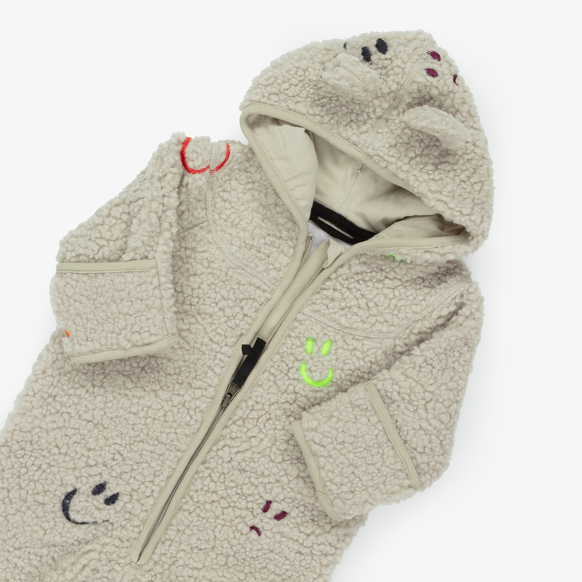 Beige Sherpa Fleece Pramsuit with Smiling Faces - View 4