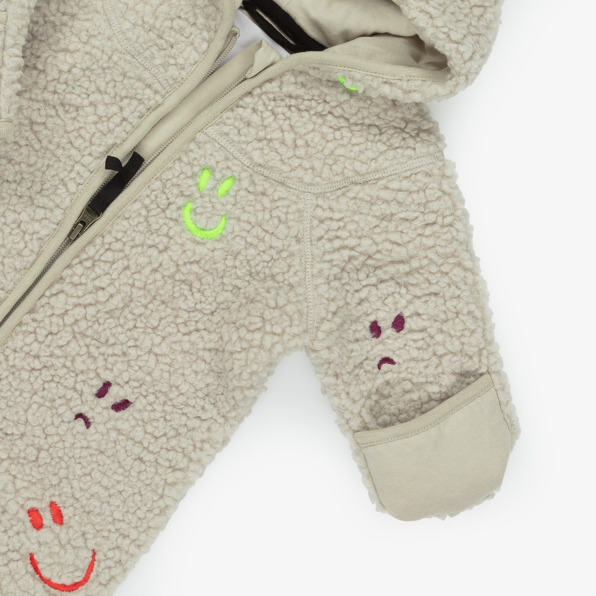 Beige Sherpa Fleece Pramsuit with Smiling Faces - View 5