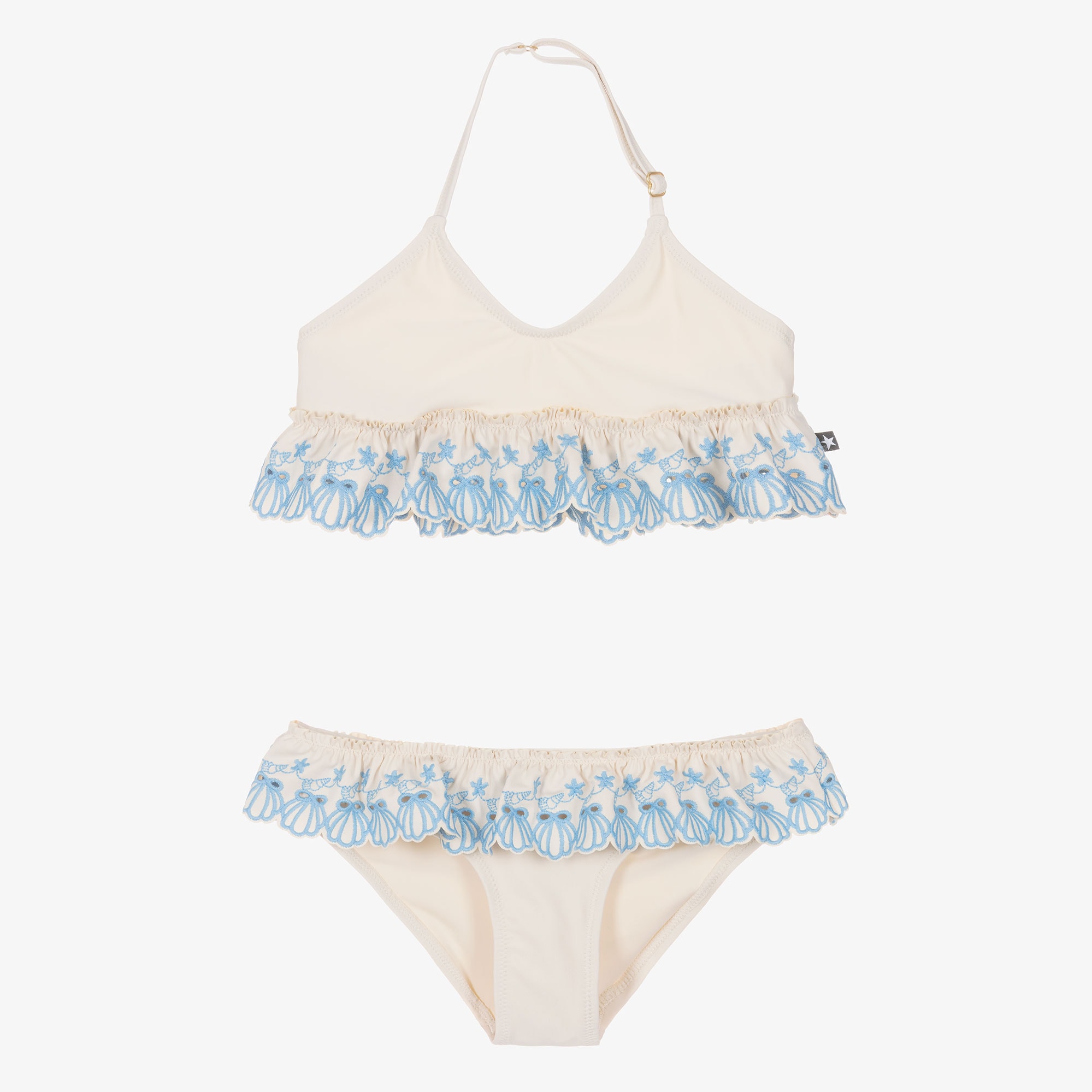 Girls Beige & Blue Ruffle Bikini (UPF50+) - View 1