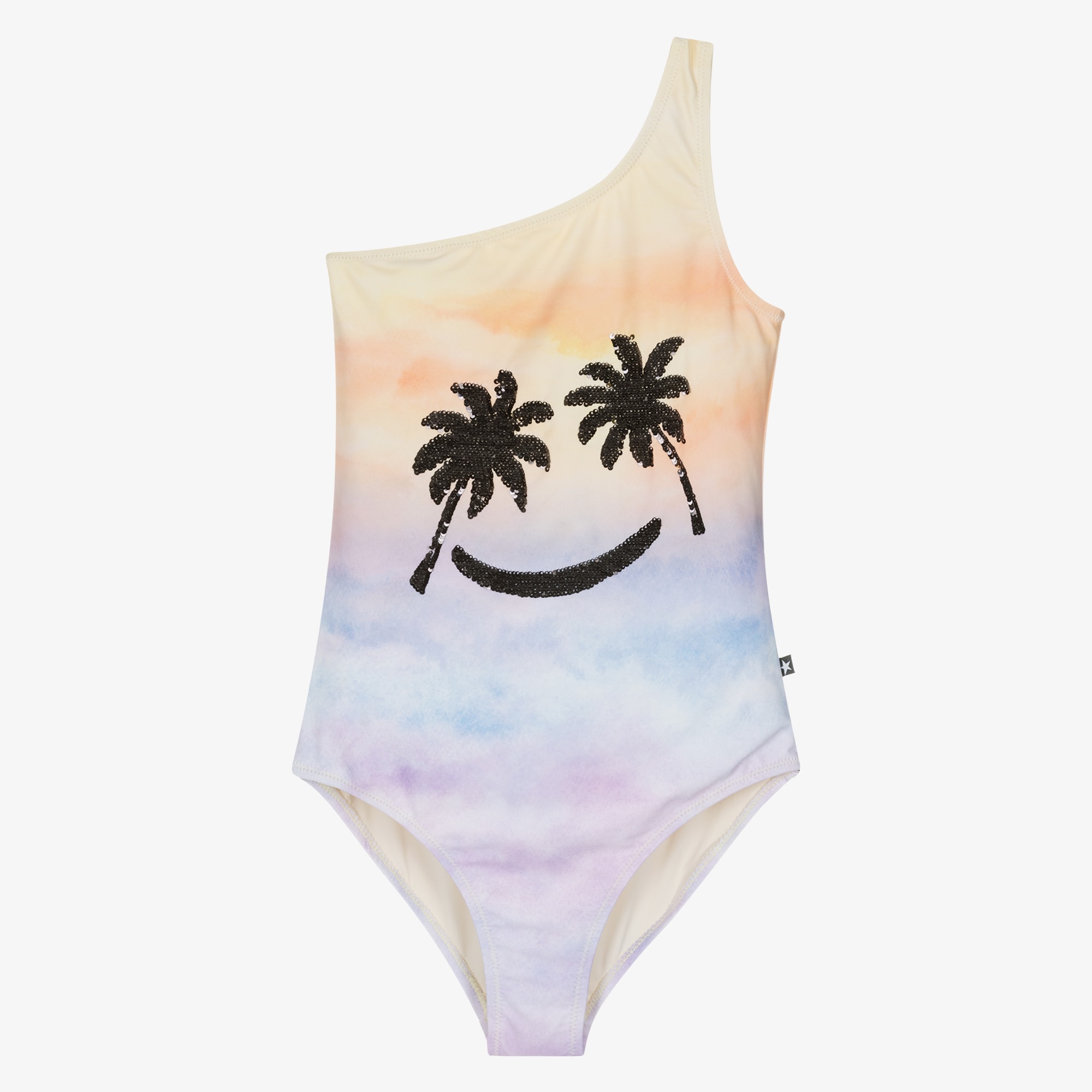 Girls Pastel Green Asymmetric Palm Tree Swimsuit (UPF50+) - View 1