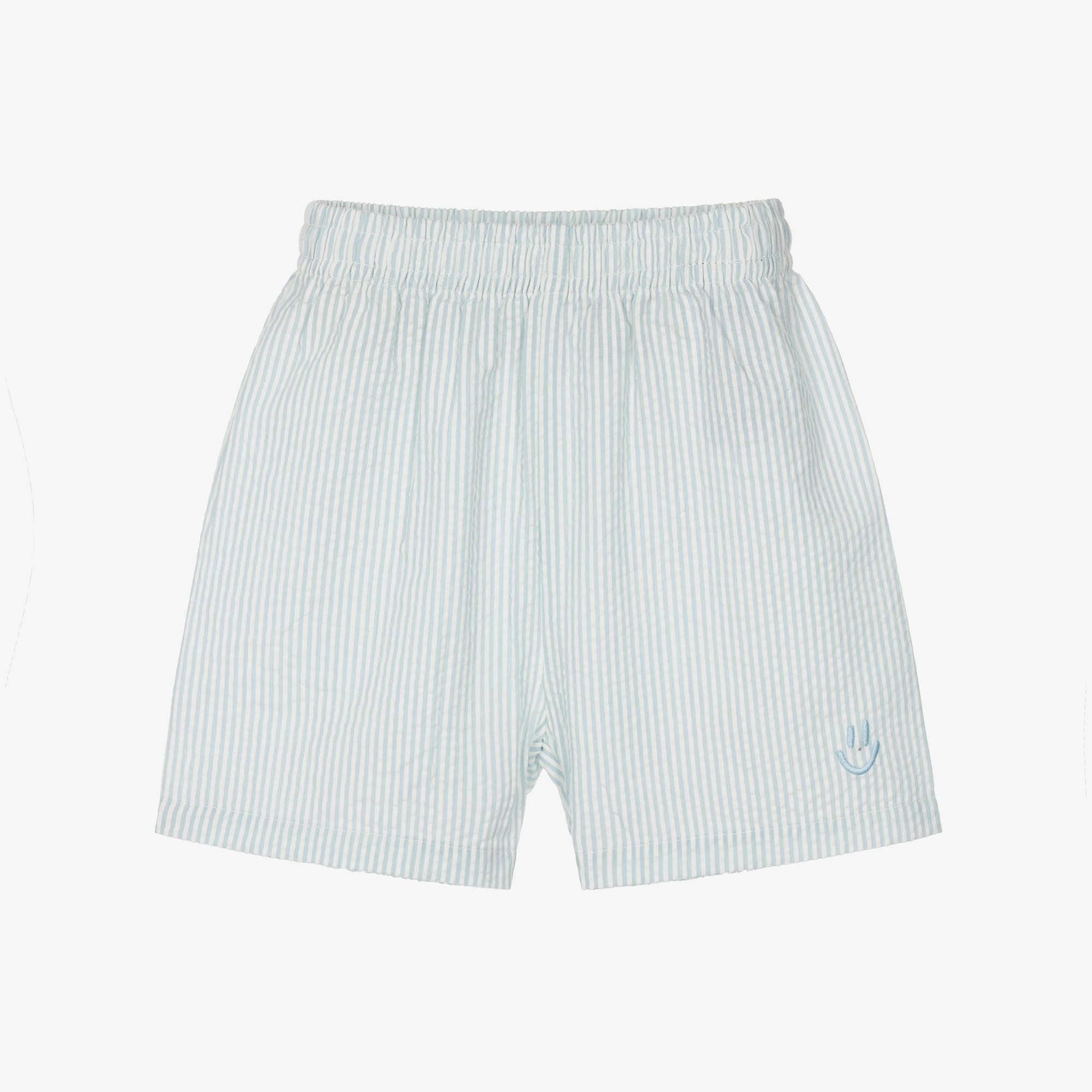 Pale Blue & White Striped Cotton Seersucker Shorts - View 1