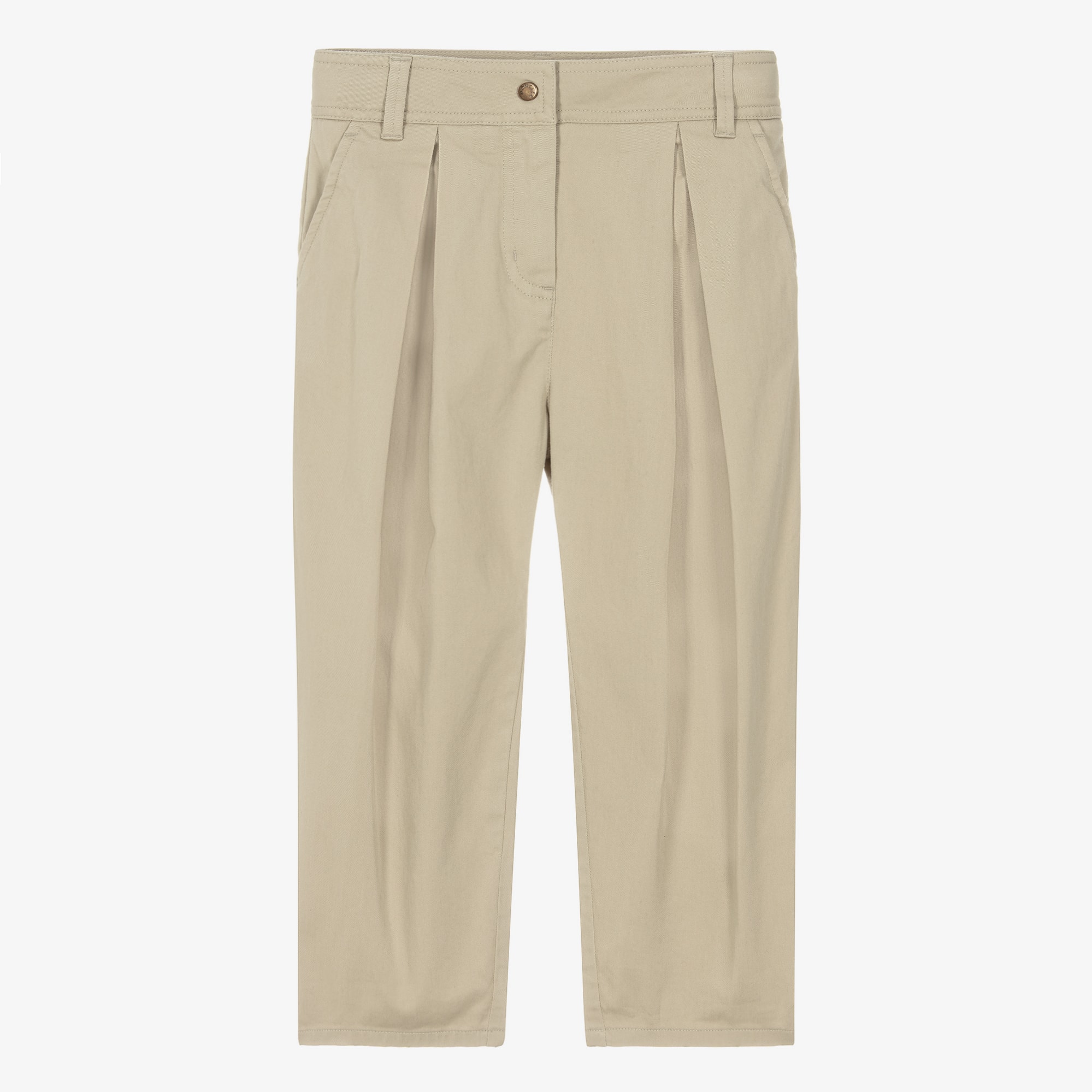 Girls Beige Cotton Twill Pleated Trousers - View 1