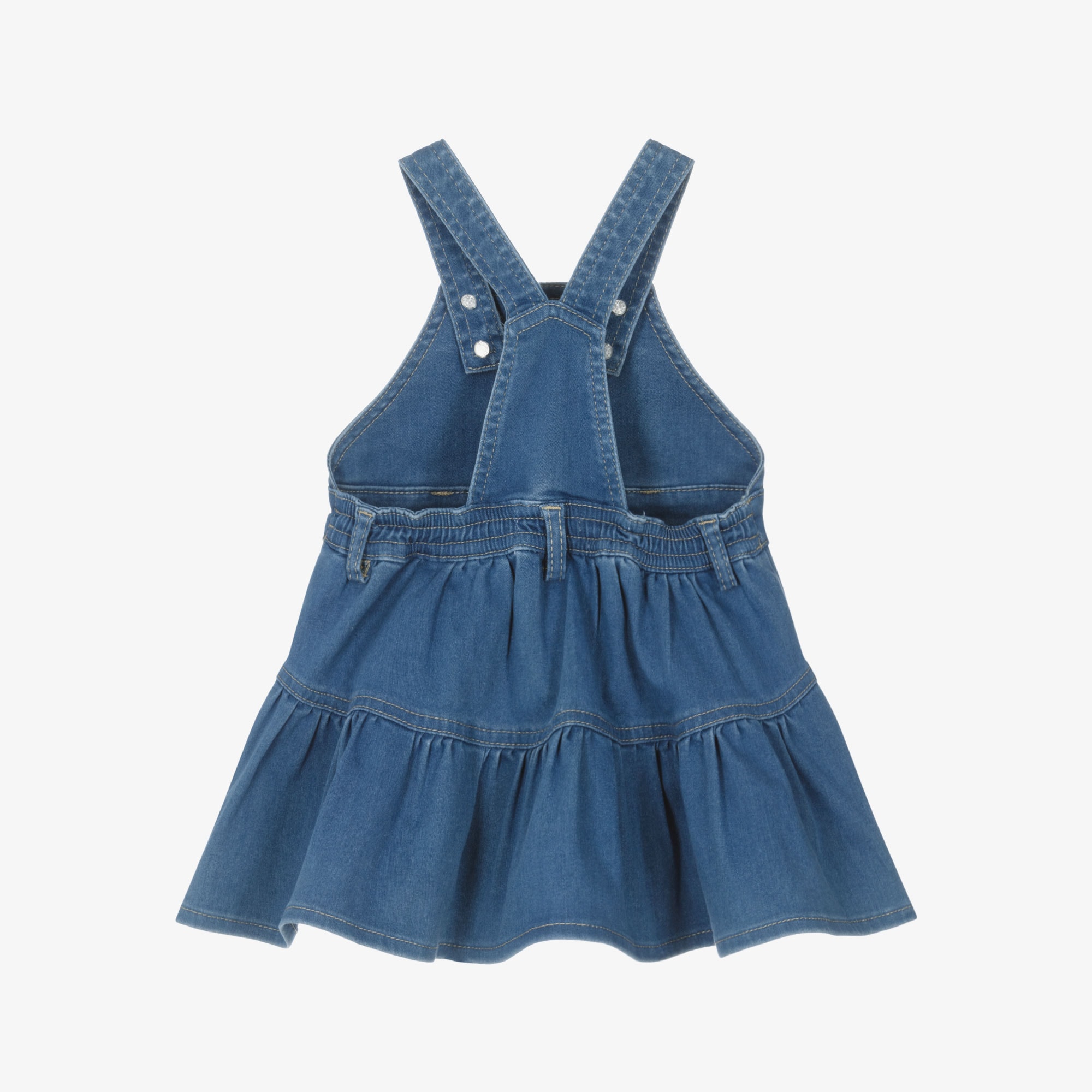 Girls Blue Denim Dress with Floral Cross Stitch Embroidery - View 2