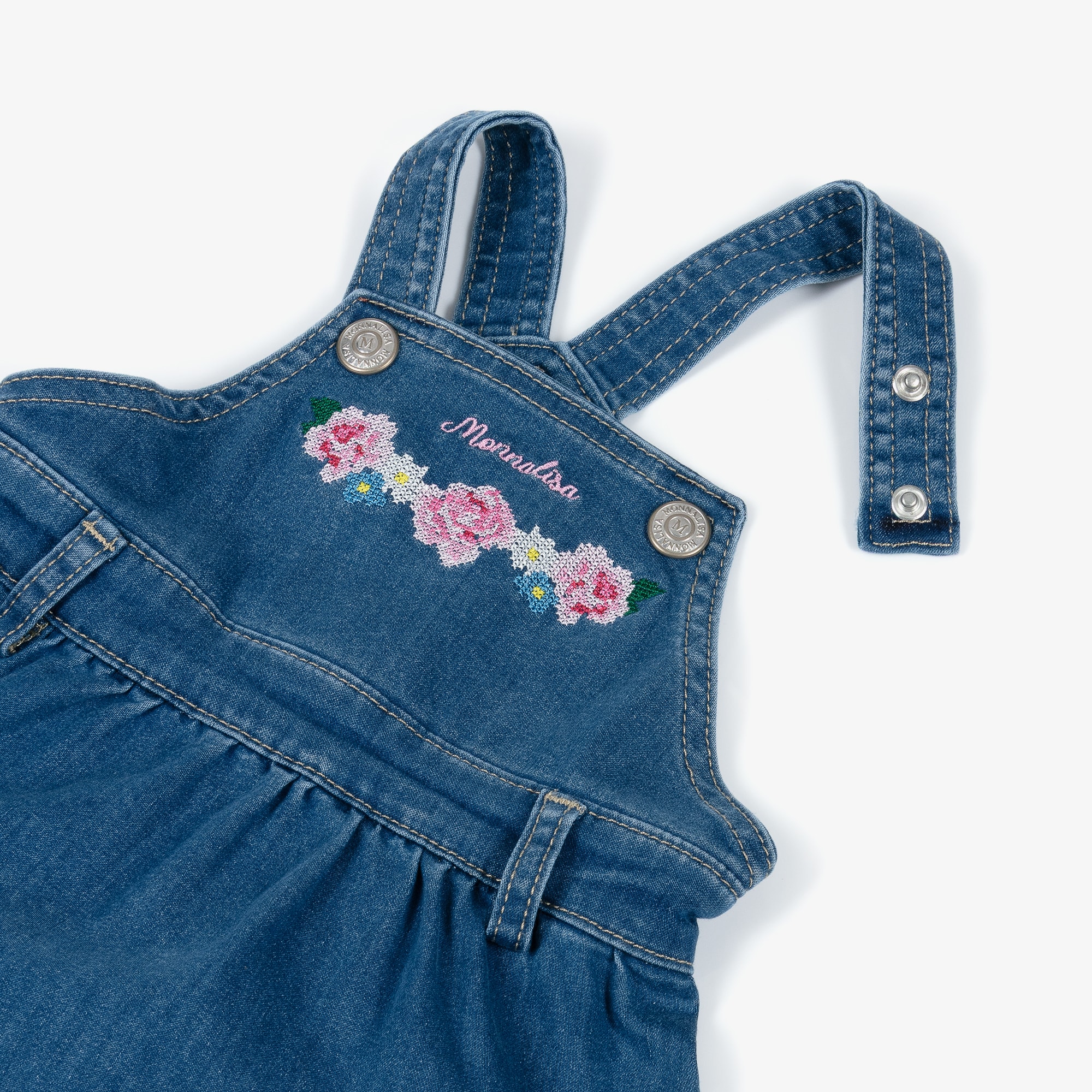 Girls Blue Denim Dress with Floral Cross Stitch Embroidery - View 3