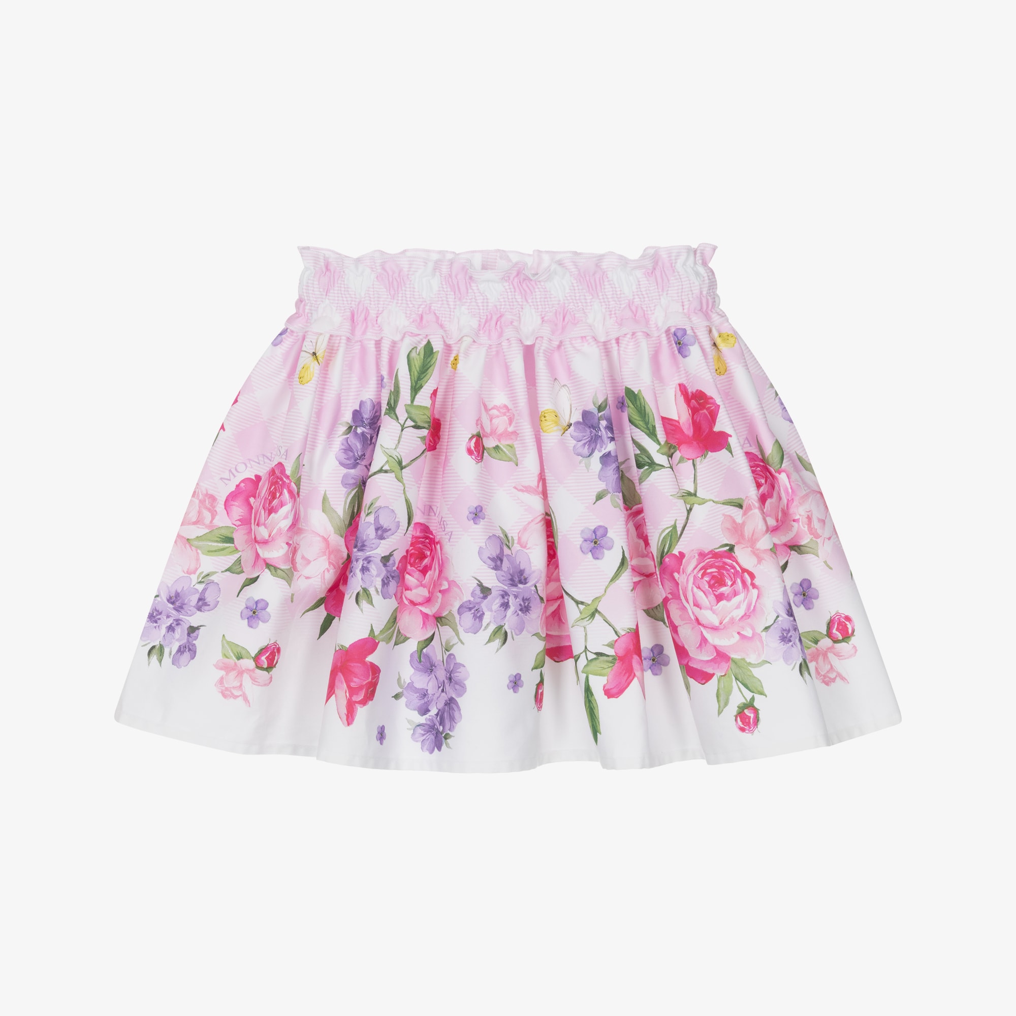 Girls Pink Check Cotton Skirt with Floral Print - View 1