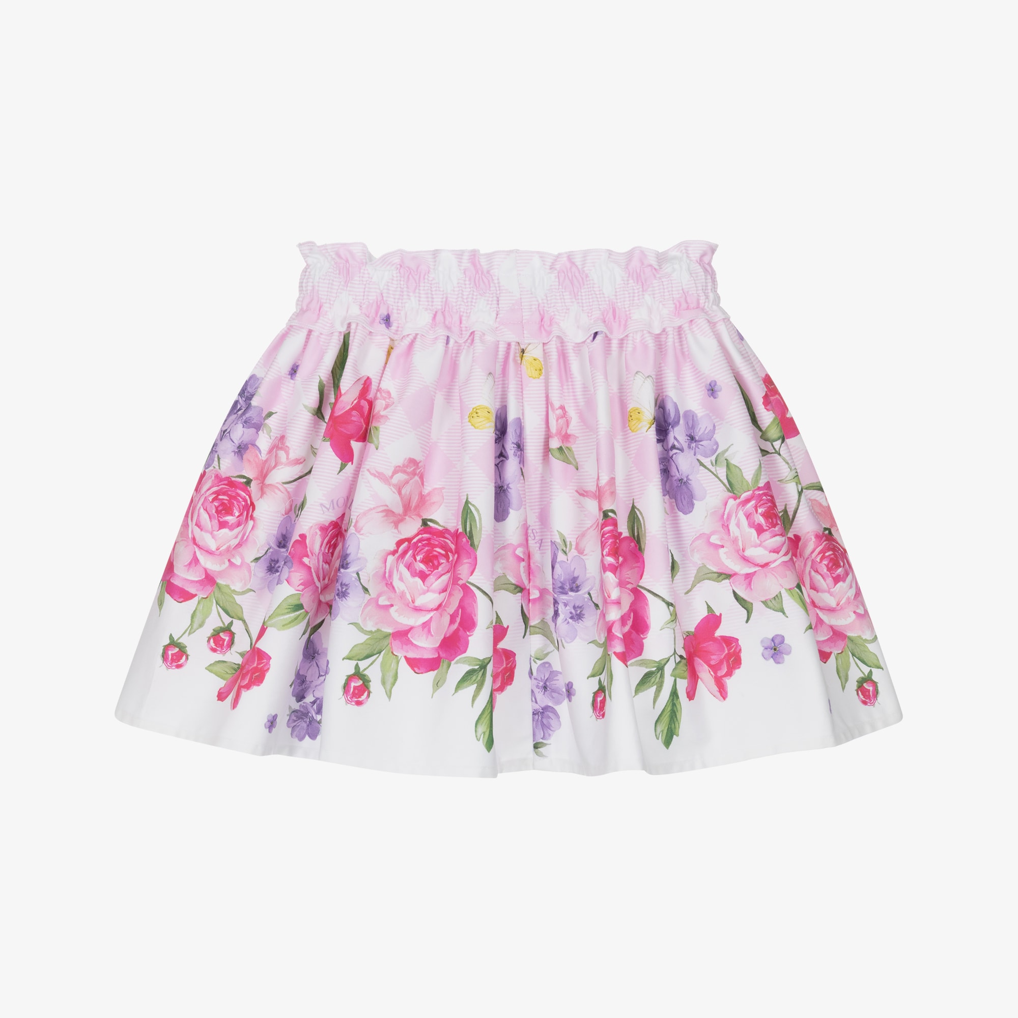 Girls Pink Check Cotton Skirt with Floral Print - View 3