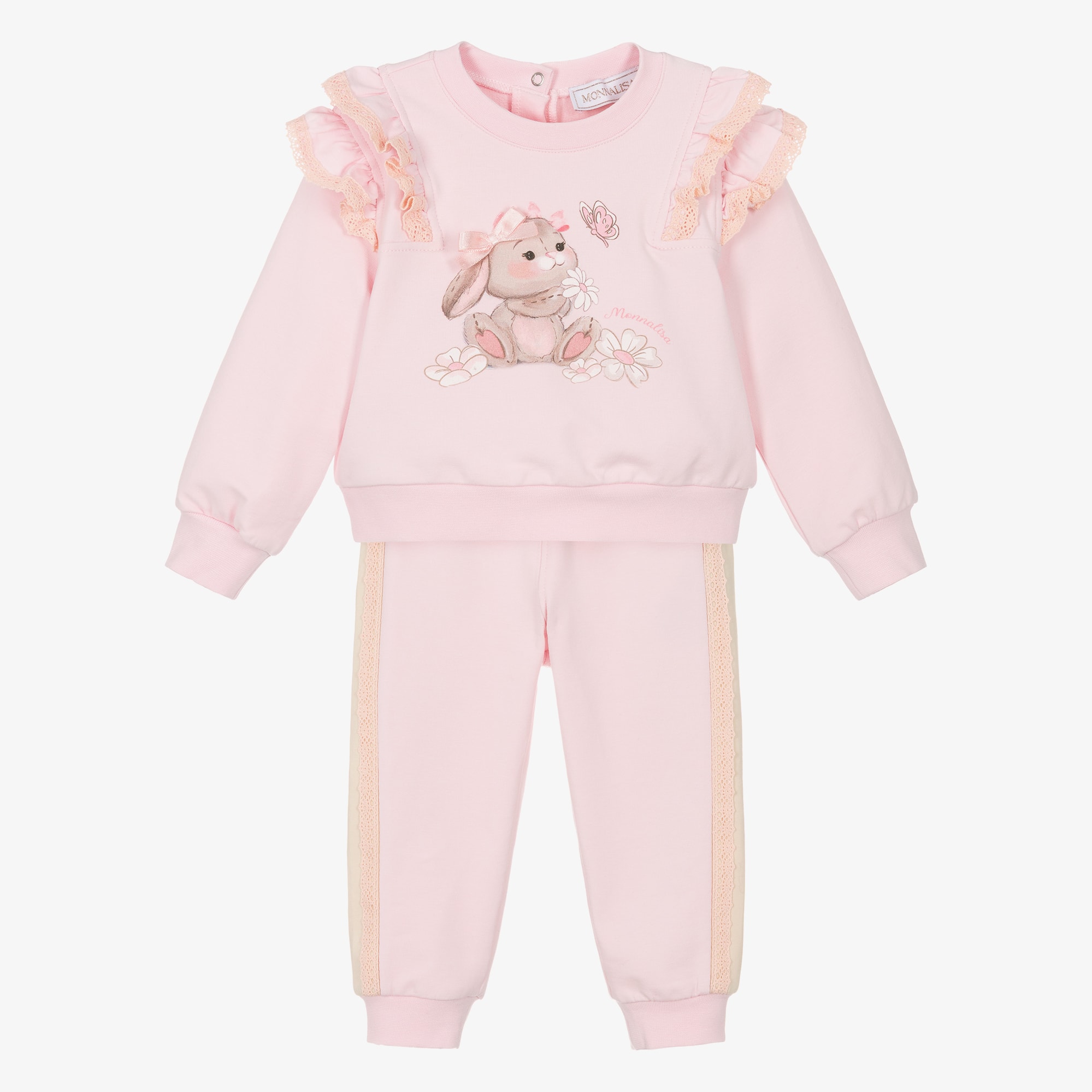 Girls Pink Cotton Bunny Print Tracksuit with Lace Trims - View 1
