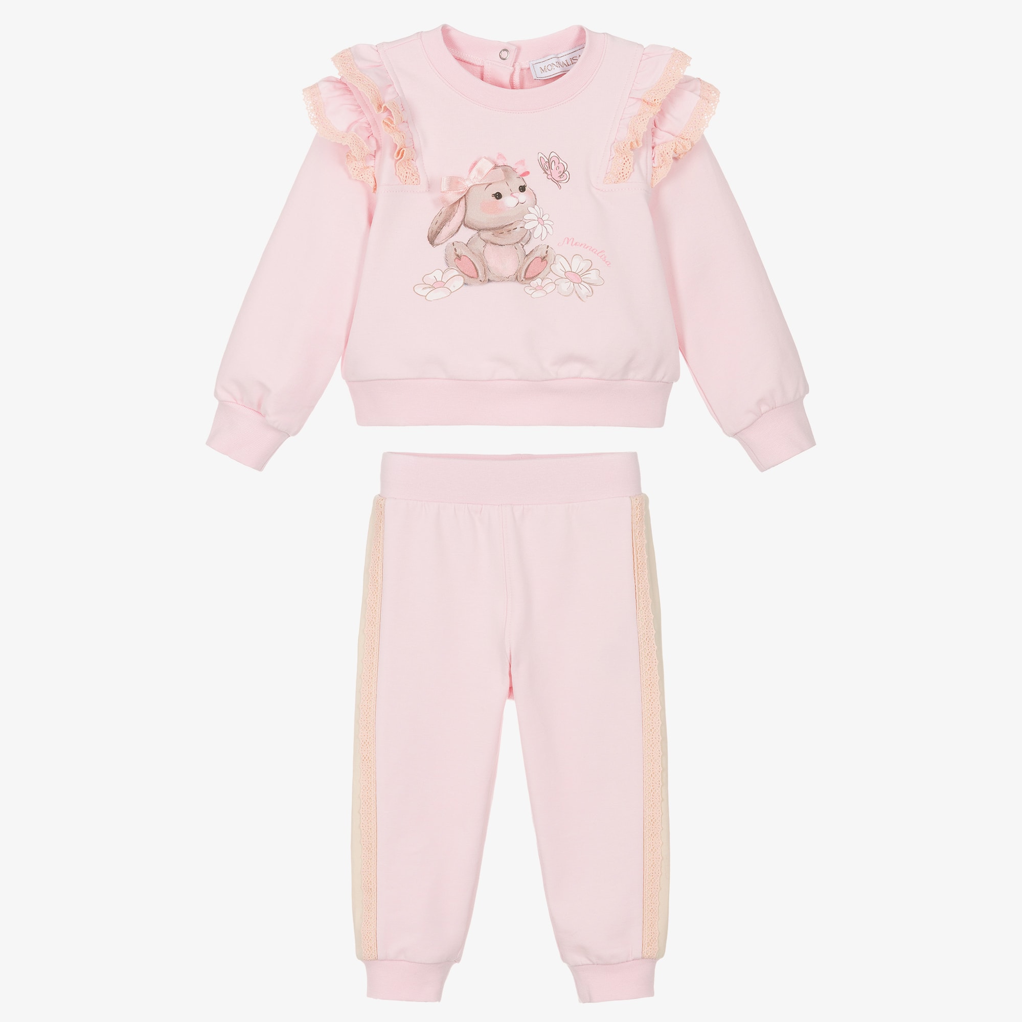 Girls Pink Cotton Bunny Print Tracksuit with Lace Trims - View 2