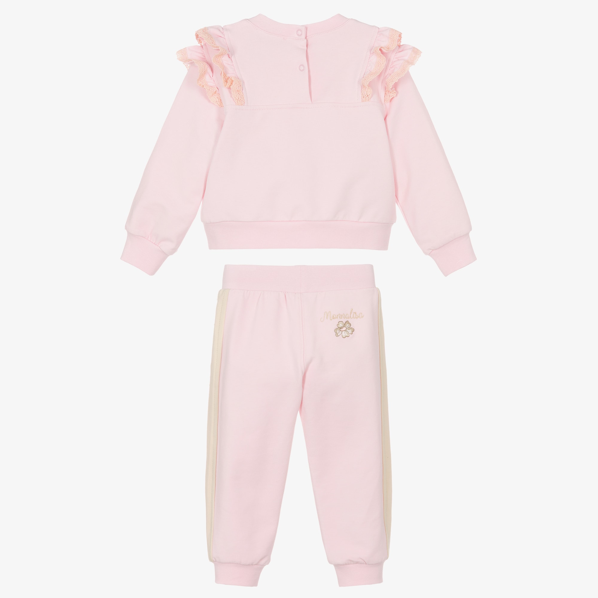 Girls Pink Cotton Bunny Print Tracksuit with Lace Trims - View 3