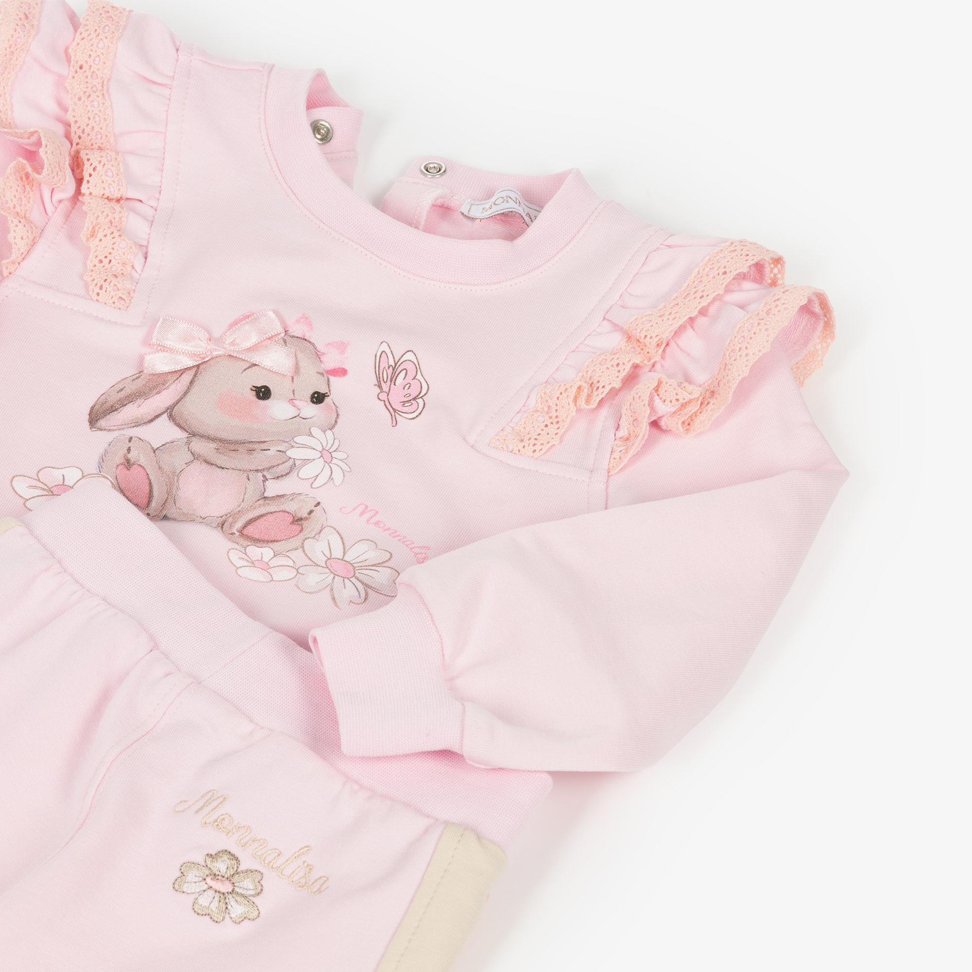 Girls Pink Cotton Bunny Print Tracksuit with Lace Trims - View 4