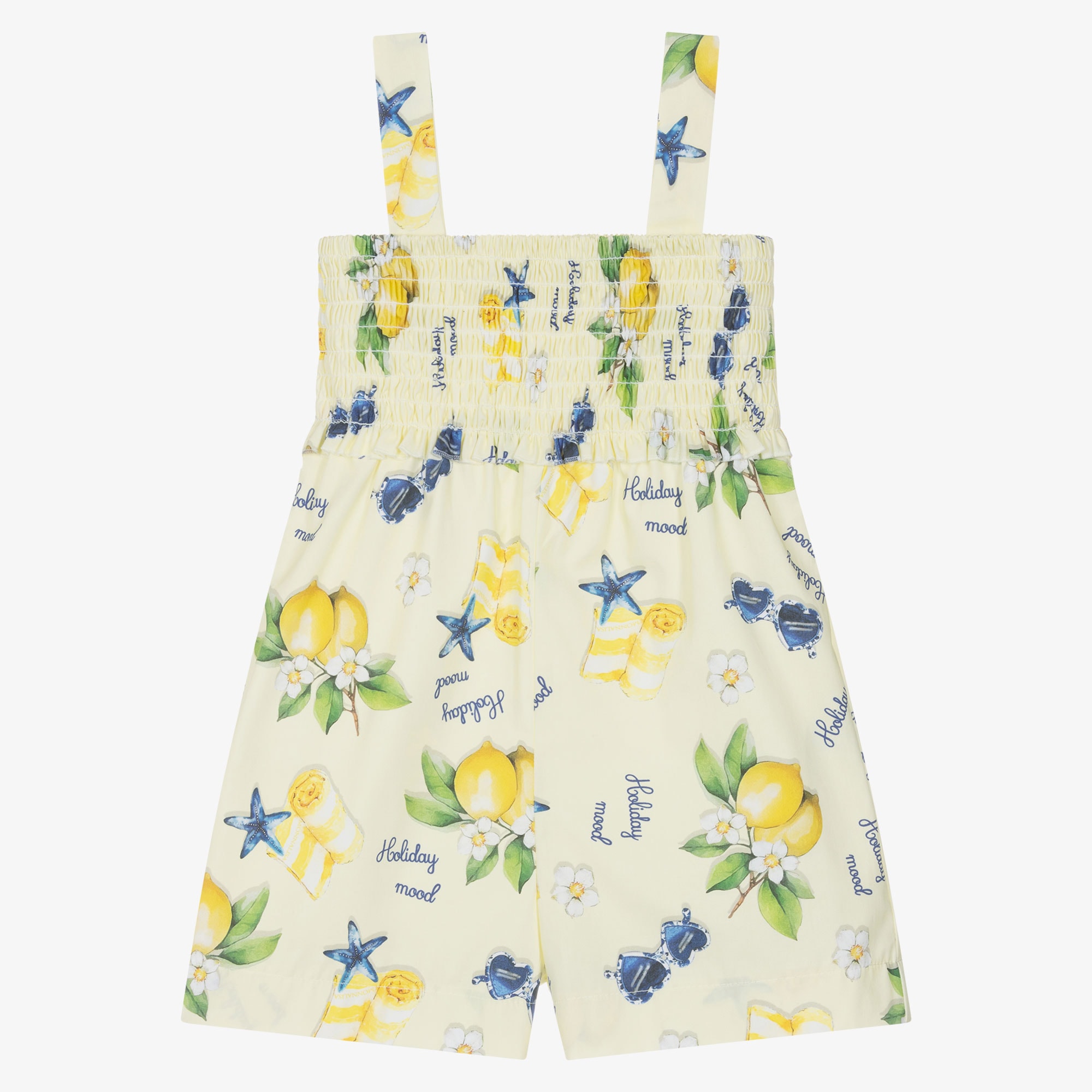 Girls Yellow Cotton Holiday Print Playsuit - View 1