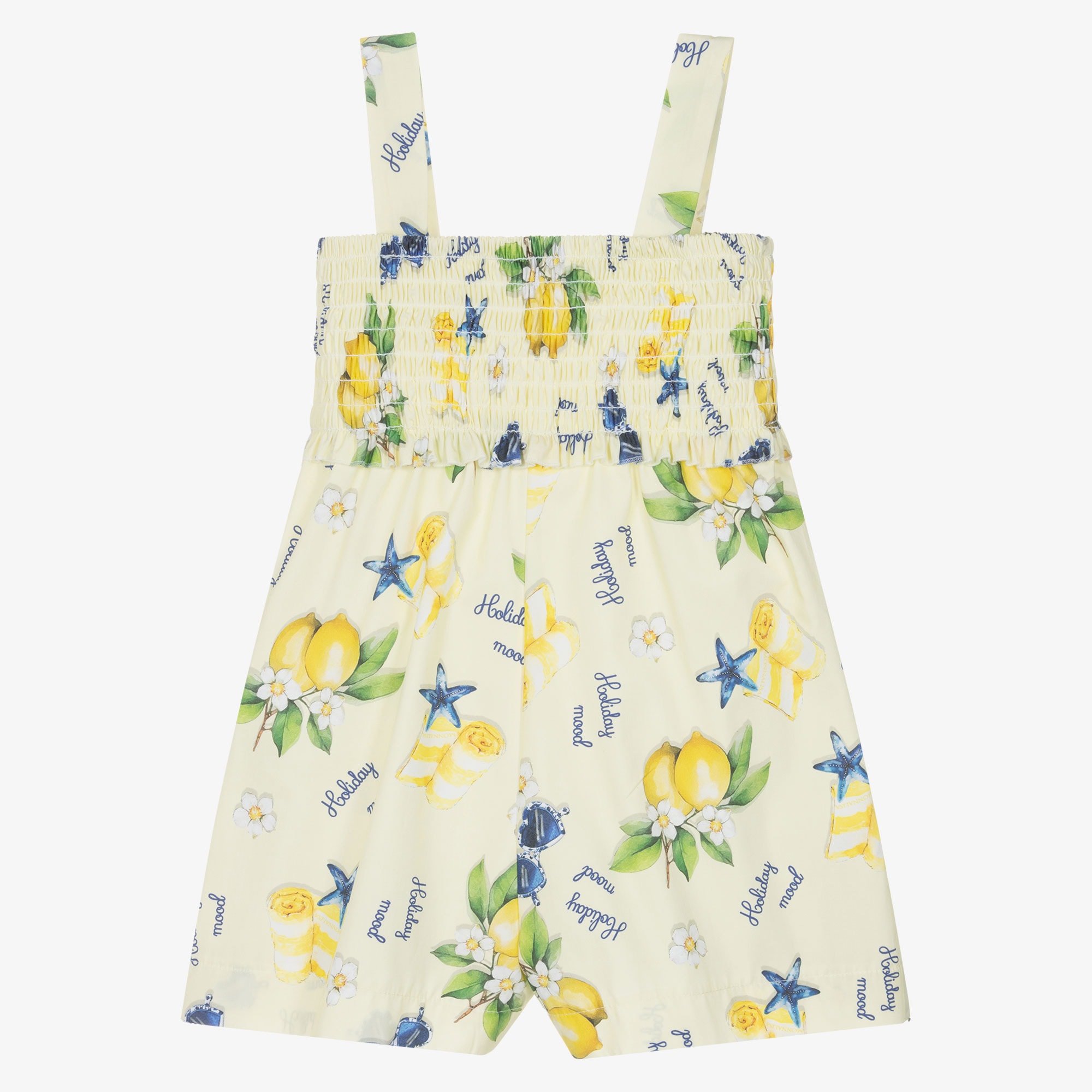 Girls Yellow Cotton Holiday Print Playsuit - View 2