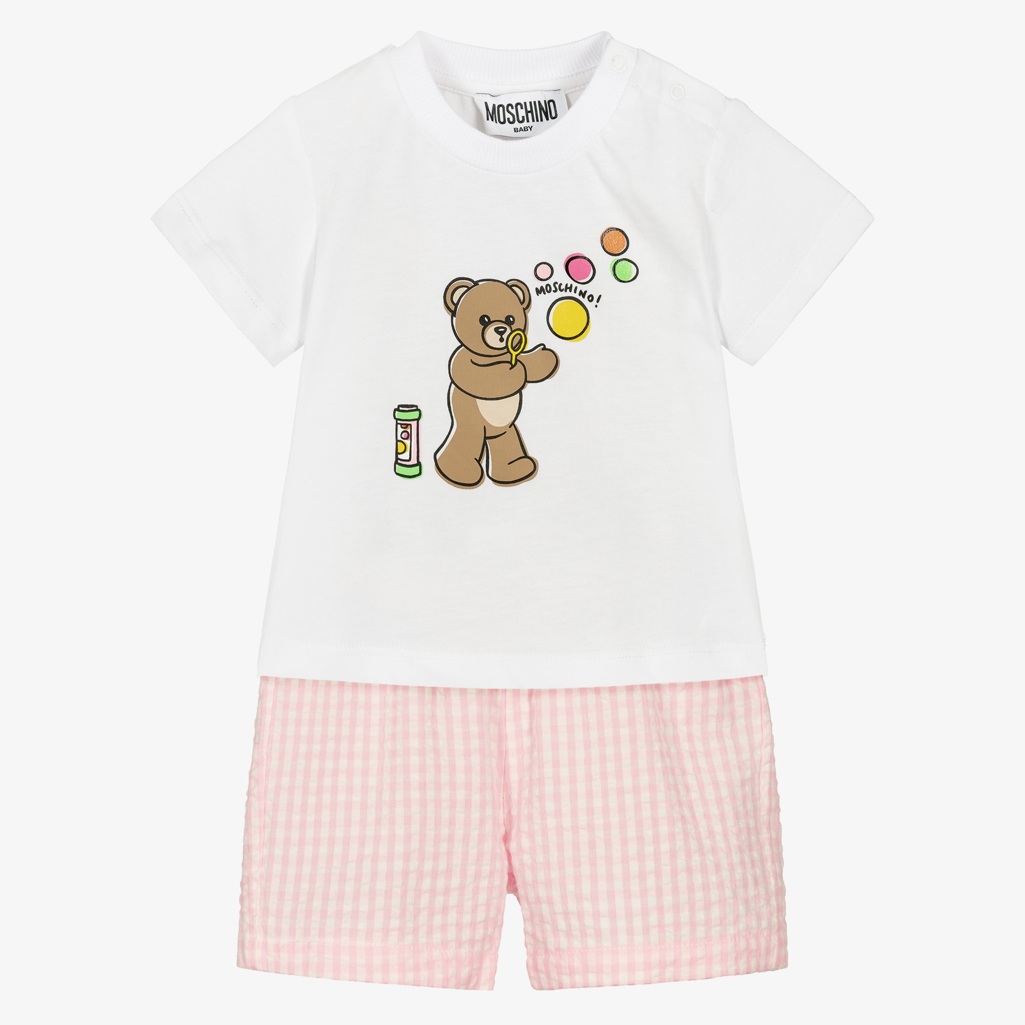 Baby Girls White Bubble Bear T-Shirt & Pink Shorts Set - View 1