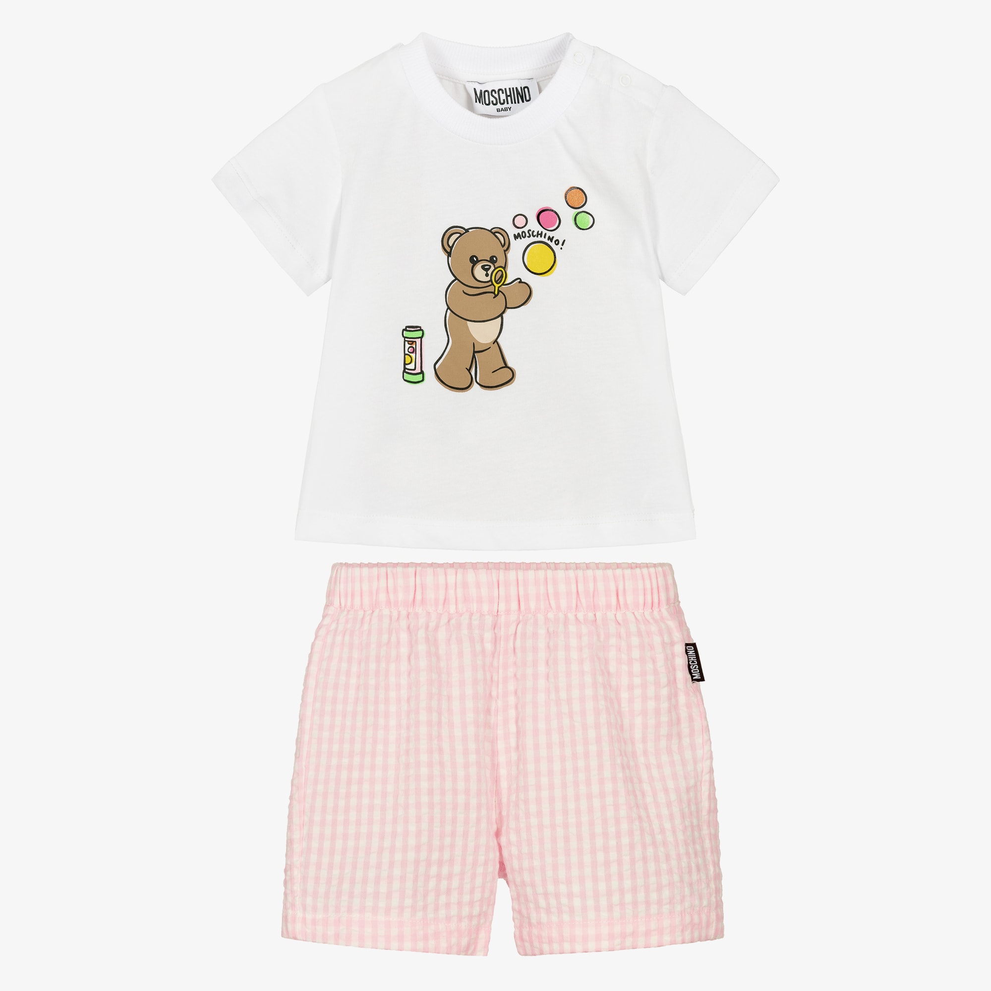 Baby Girls White Bubble Bear T-Shirt & Pink Shorts Set - View 2
