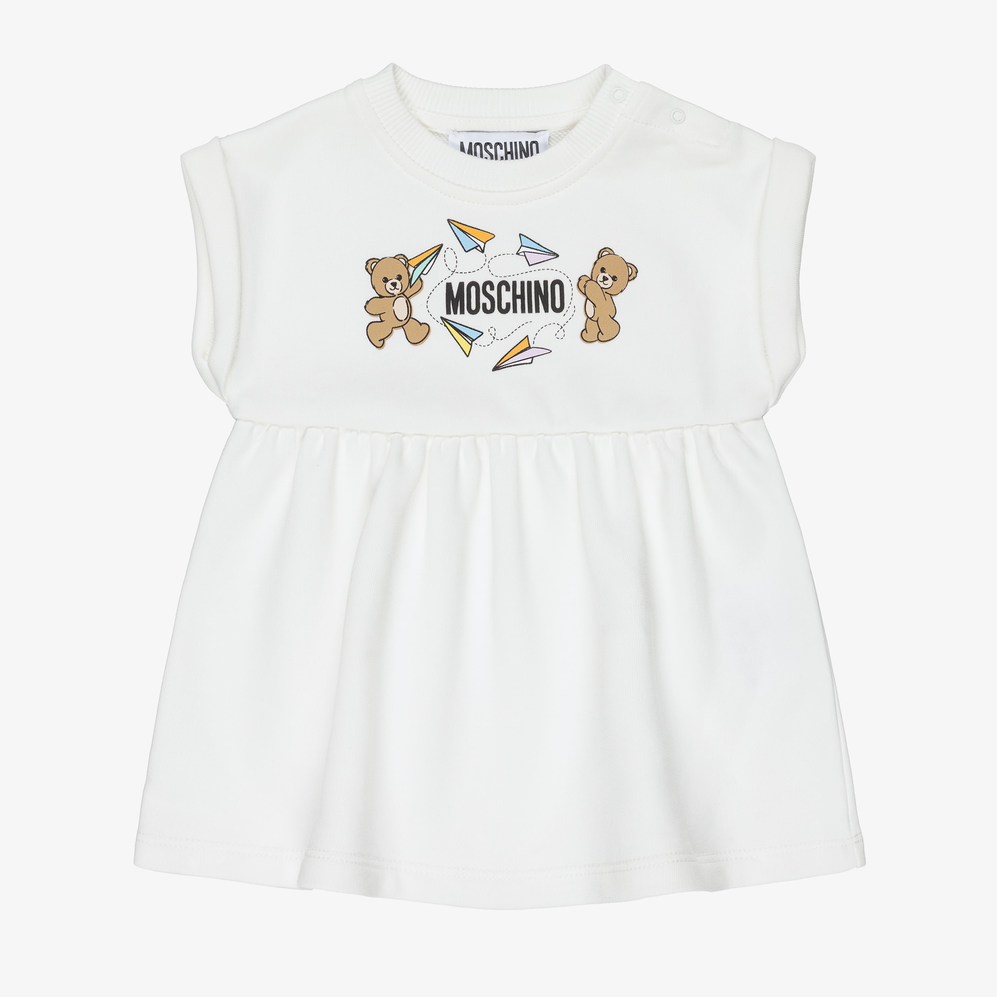 Girls Ivory Cotton Teddy Bear Logo Dress with Paper Airplanes - View 1