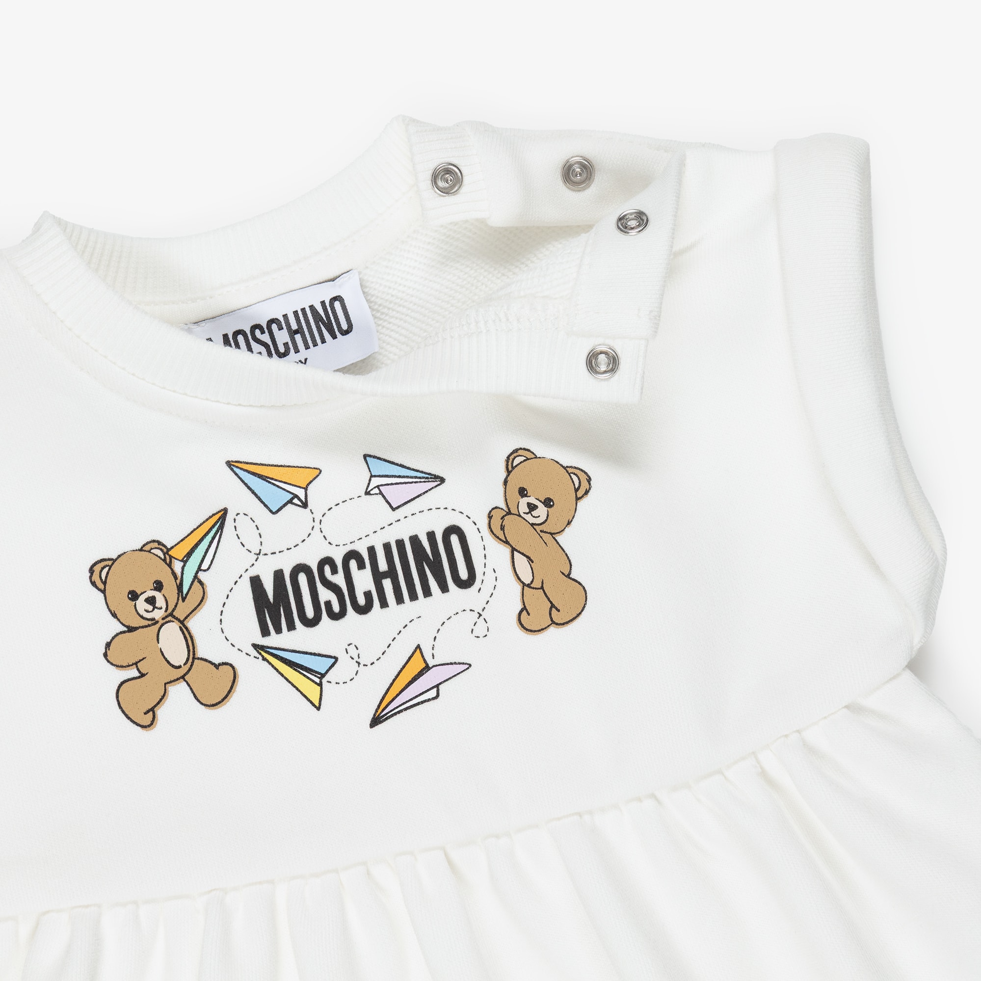 Girls Ivory Cotton Teddy Bear Logo Dress with Paper Airplanes - View 3