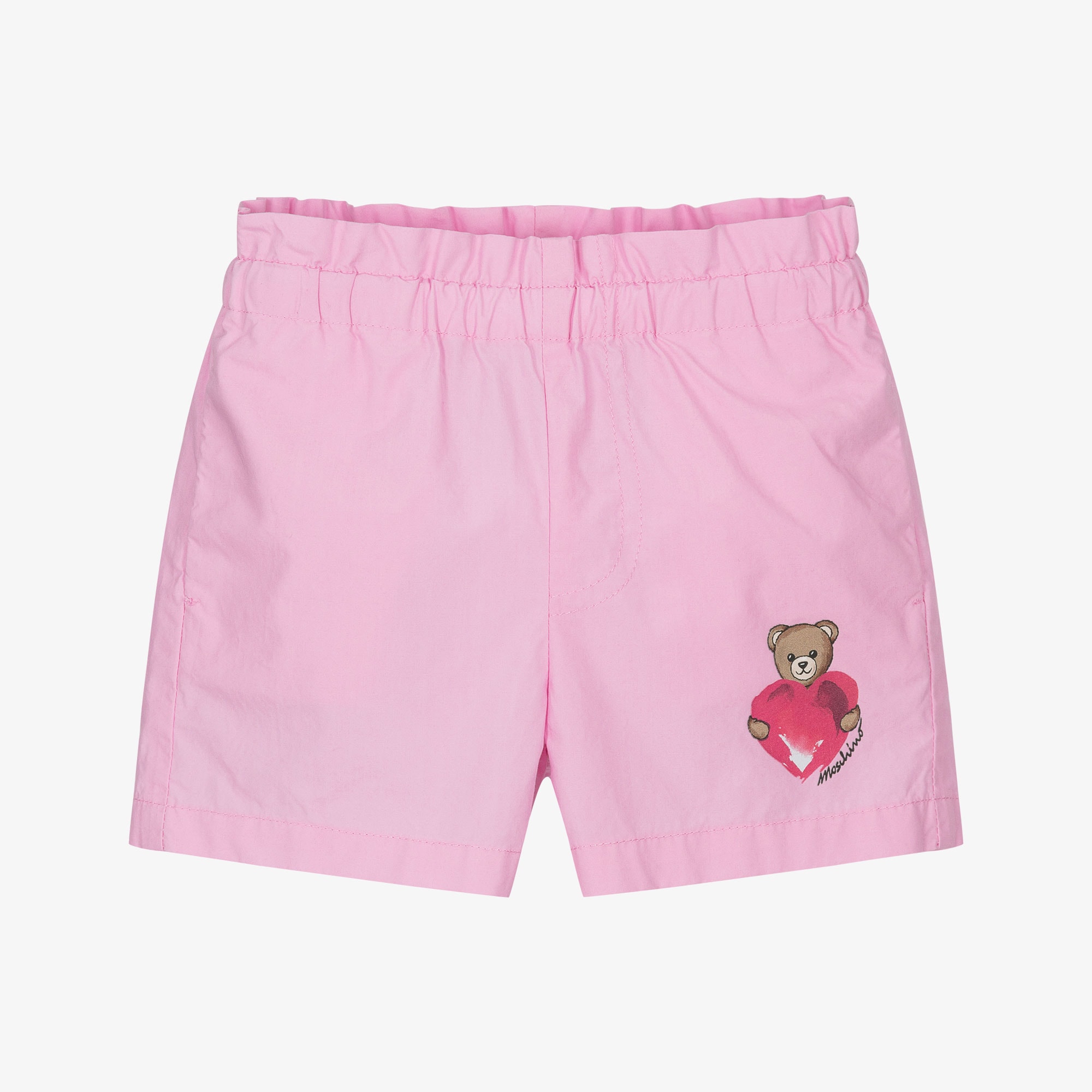 Girls Pink Cotton Poplin Heart & Teddy Bear Logo Shorts - View 1