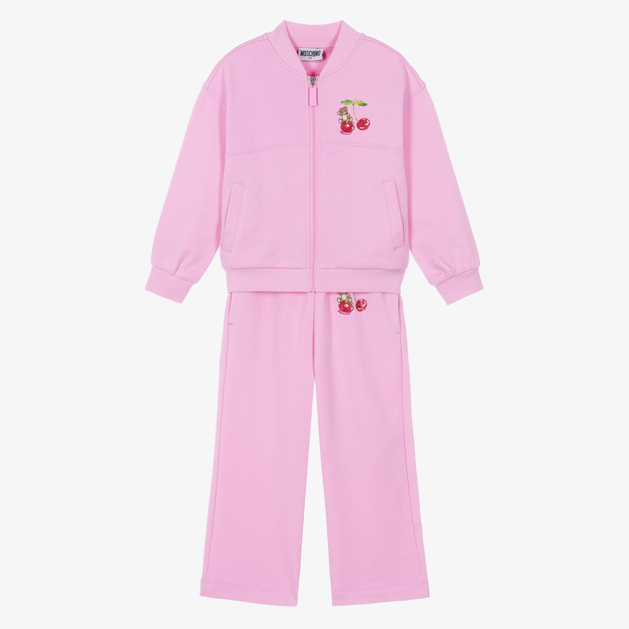 Girls Pink Cotton Tracksuit with Teddy & Motif - View 1